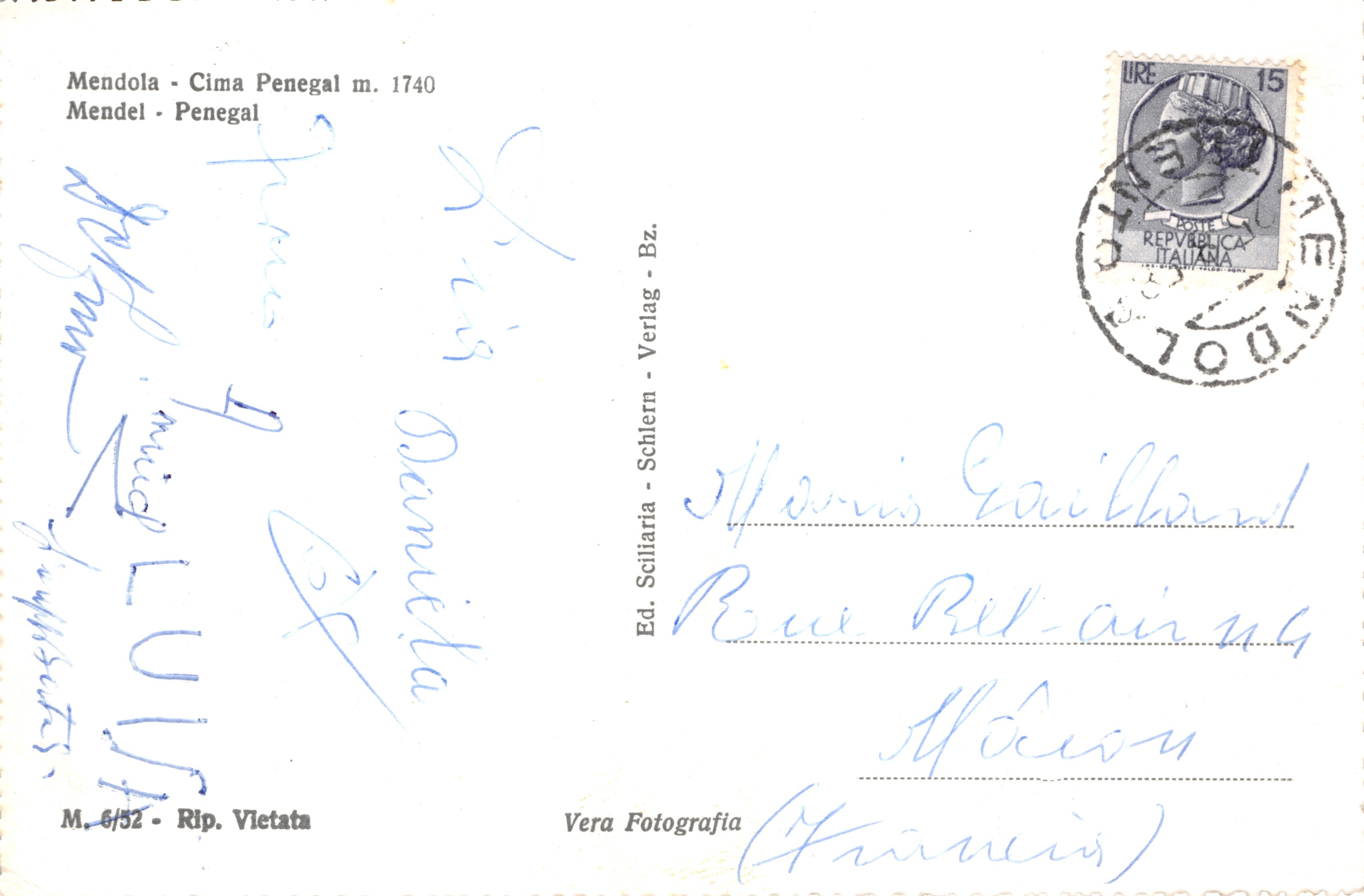 Cima Penegal m. 1740 — vue panoramique depuis un éperon rocheux avec un phare de montagne — Ed. Sciliaria - Schlerm - Verlag — Verso