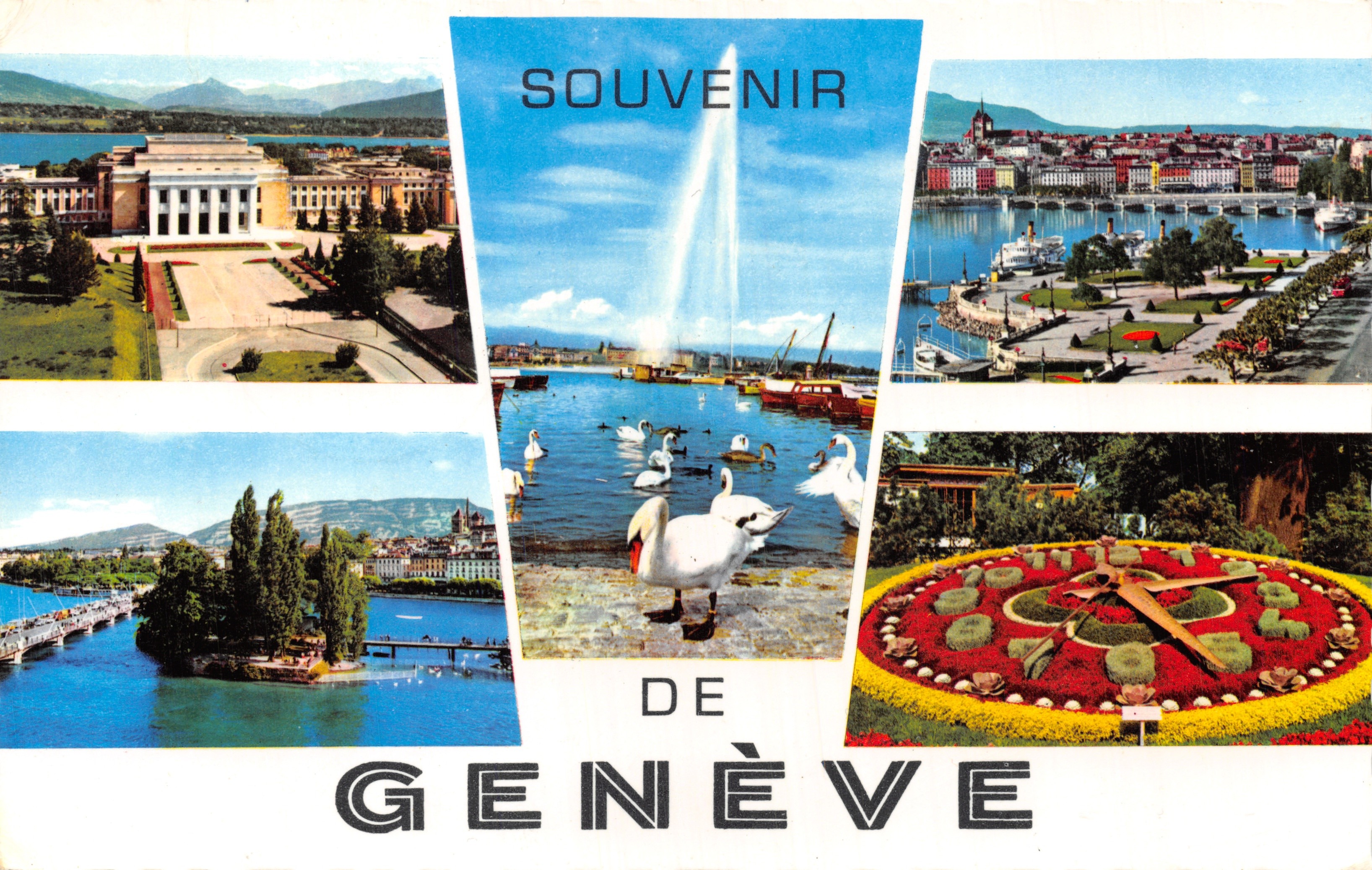 Genève — panoramisch uitzicht met Palais de l'ONU, fontein, bloemklok — uitgever HNDA Color