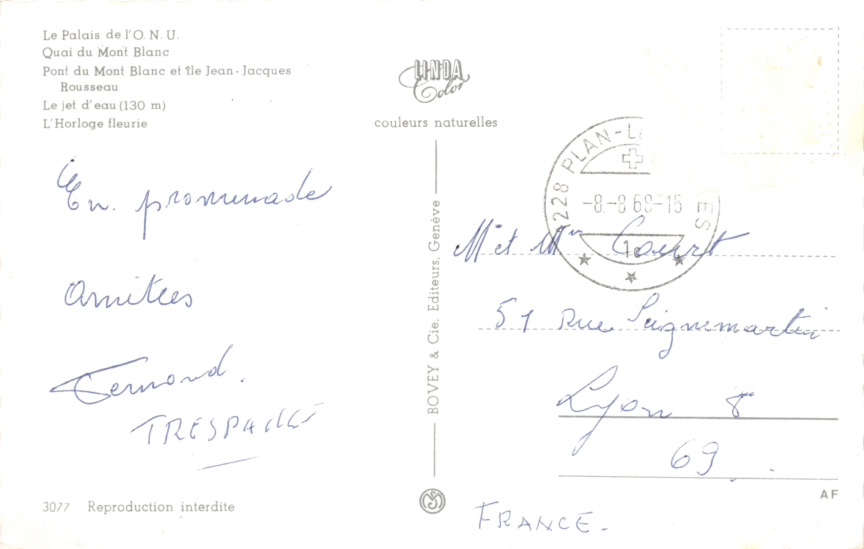 Genève — panoramisch uitzicht met Palais de l'ONU, fontein, bloemklok — uitgever HNDA Color — Achterkant