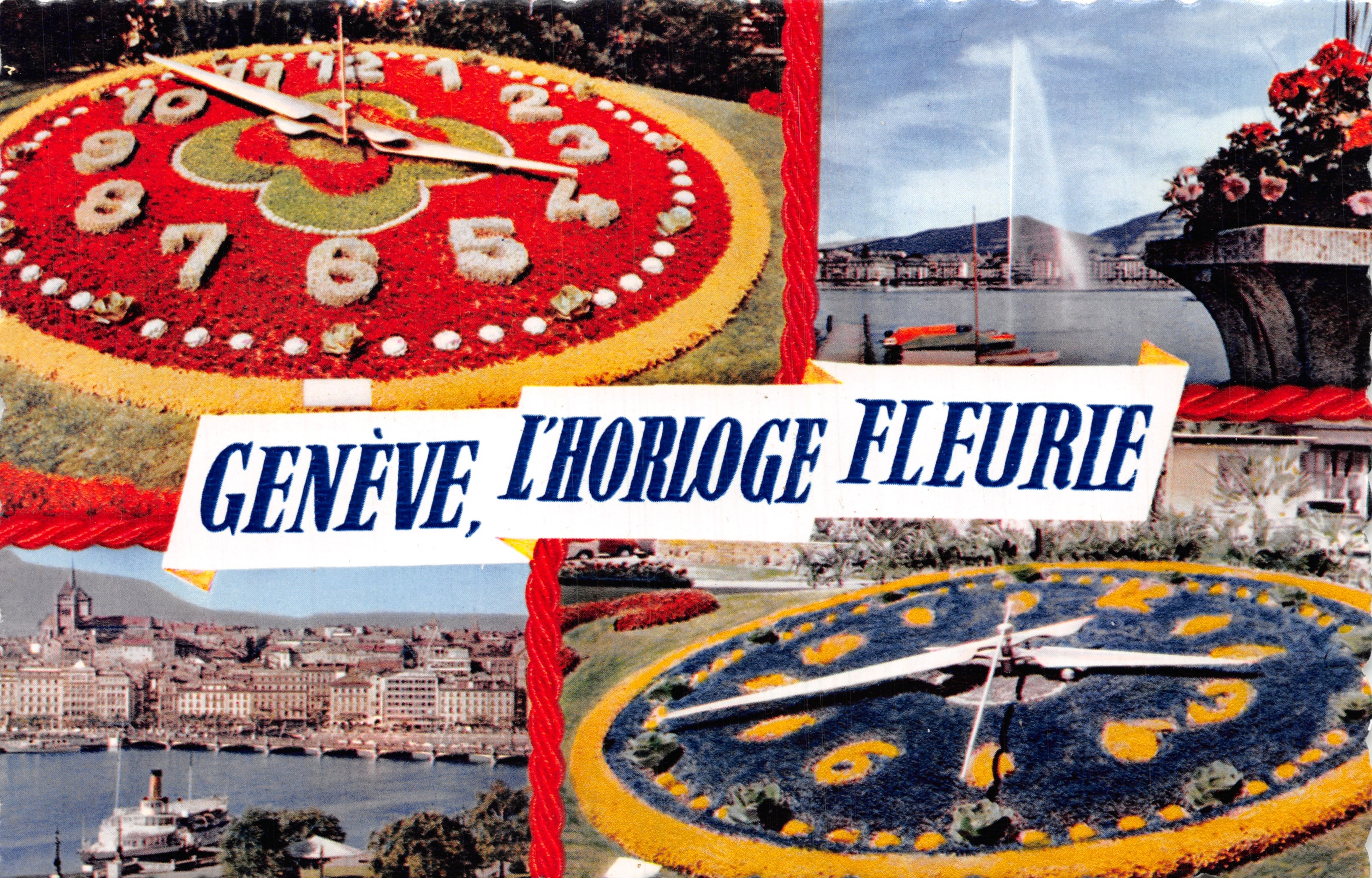 Genève, l'horloge fleurie — composition de trois horloges fleuries avec vue de la ville et de la fontaine, éditeur ÉDITIONS JAÉGER GENÈVE, n° 1050