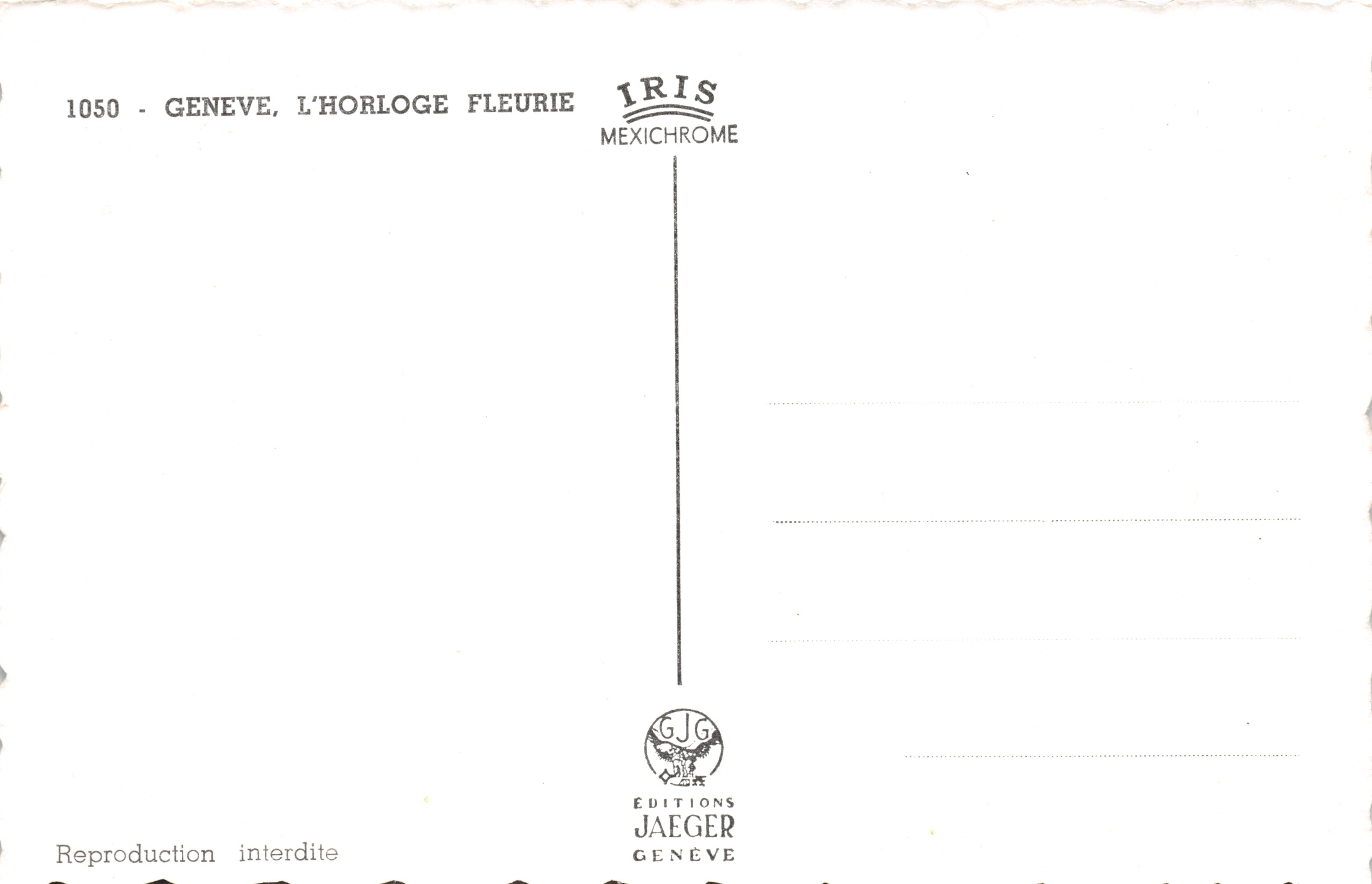 Genève, l'horloge fleurie — composition de trois horloges fleuries avec vue de la ville et de la fontaine, éditeur ÉDITIONS JAÉGER GENÈVE, n° 1050 — Reverso