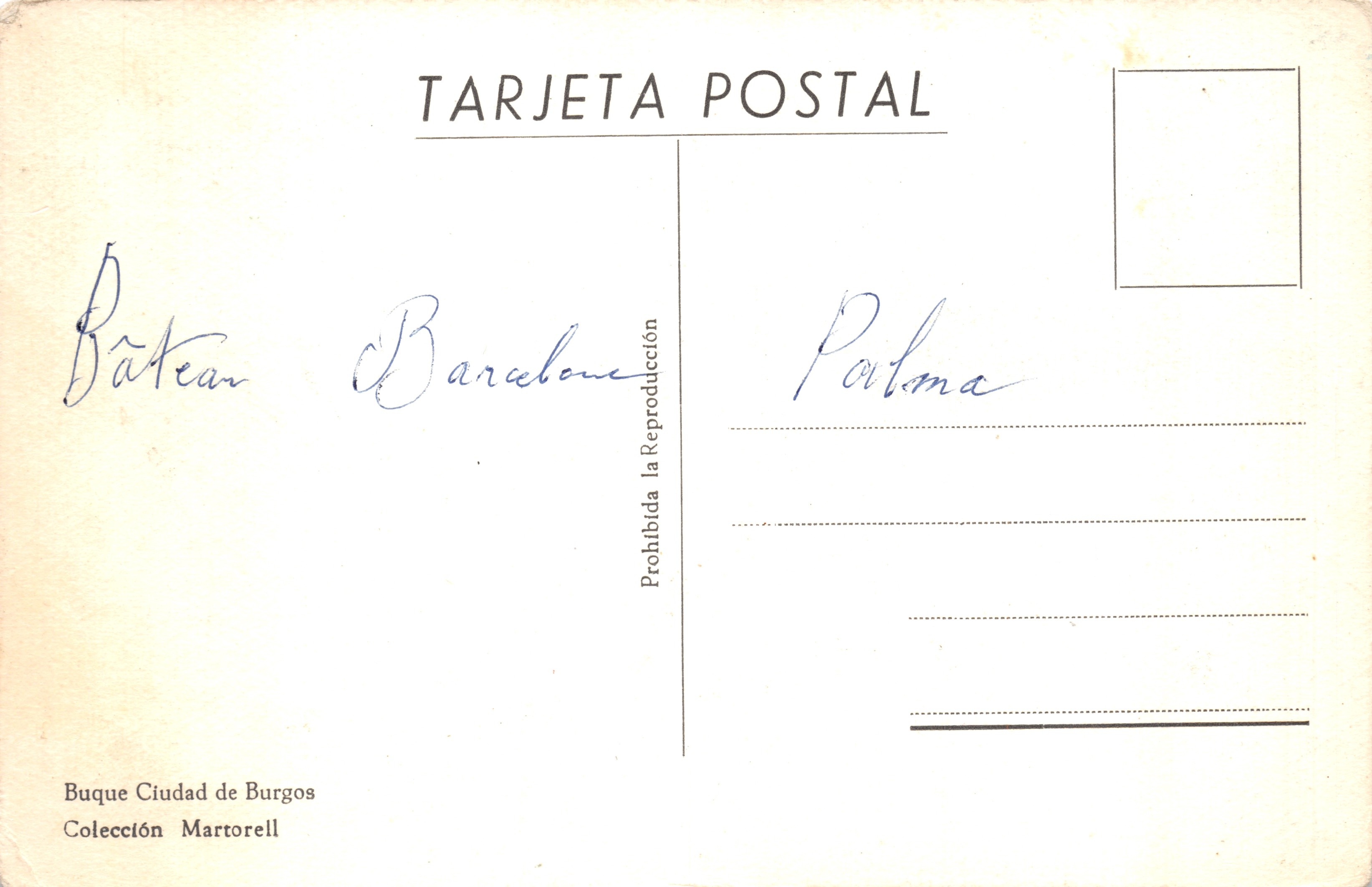 Barco Ciudad de Burgos — vista desde el puerto — editor Buque Ciudad de Burgos, Colección Martorell — Reverso