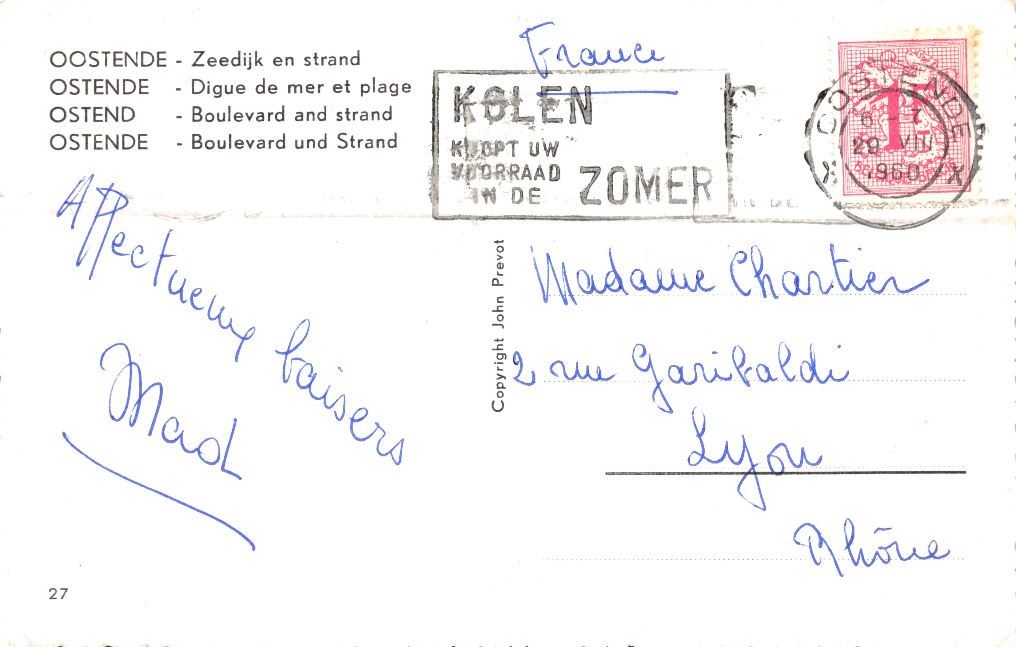 Oostende — Strand en boulevard — uitgever John Prevot, n°27 — Achterkant