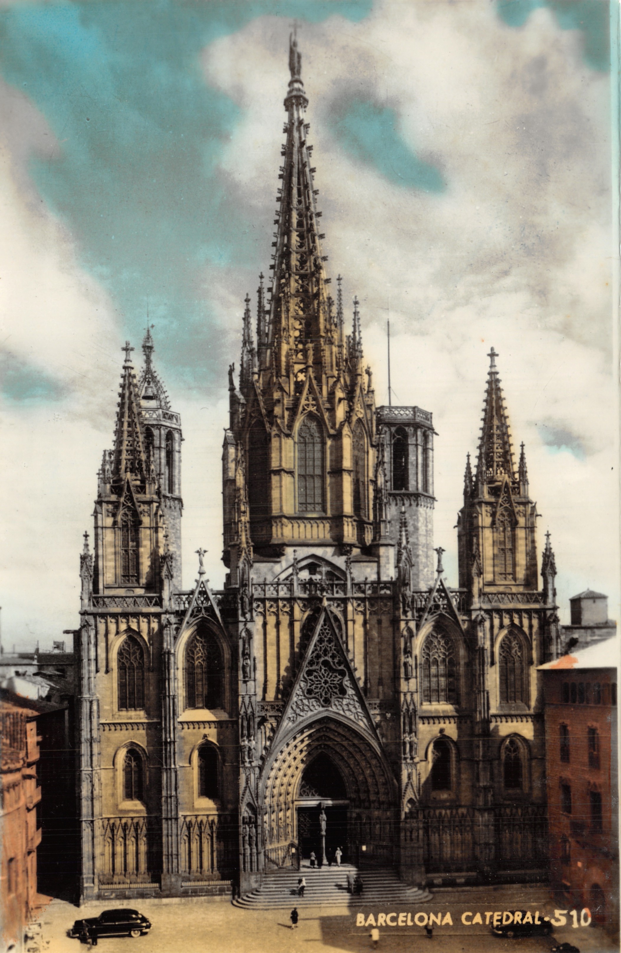 Barcelona Kathedrale — gotische Fassade mit zentraler Spitze — Verlag Tollieres A. ZERKOWITZ, Nr. 510
