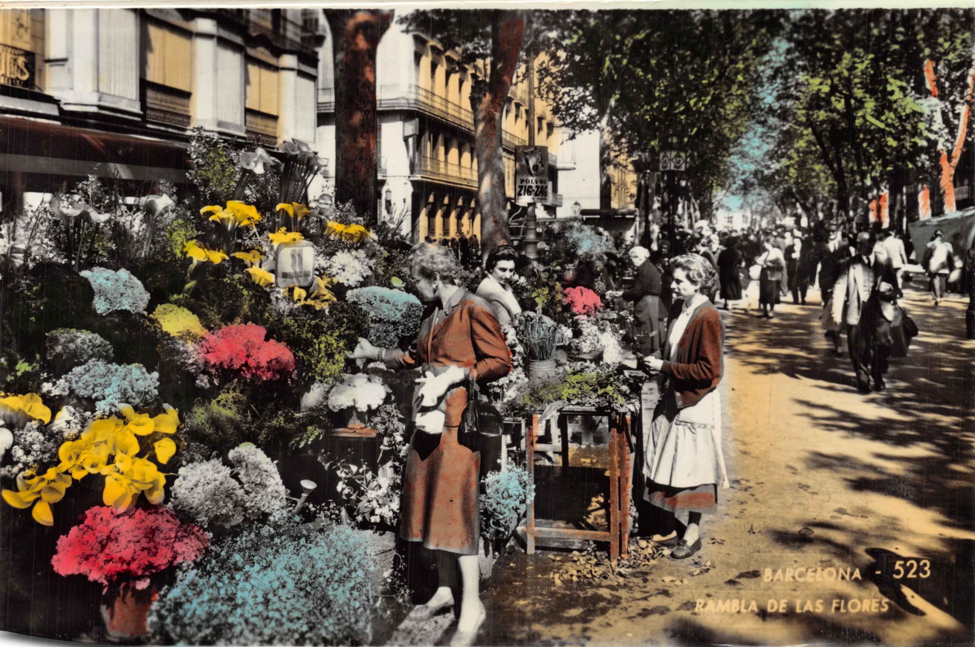 Barcelona - Rambla de las Flores — marktscène met bloemenverkopers en passanten, uitgever TALLERES A. ZERKOWITZ, nr. 523