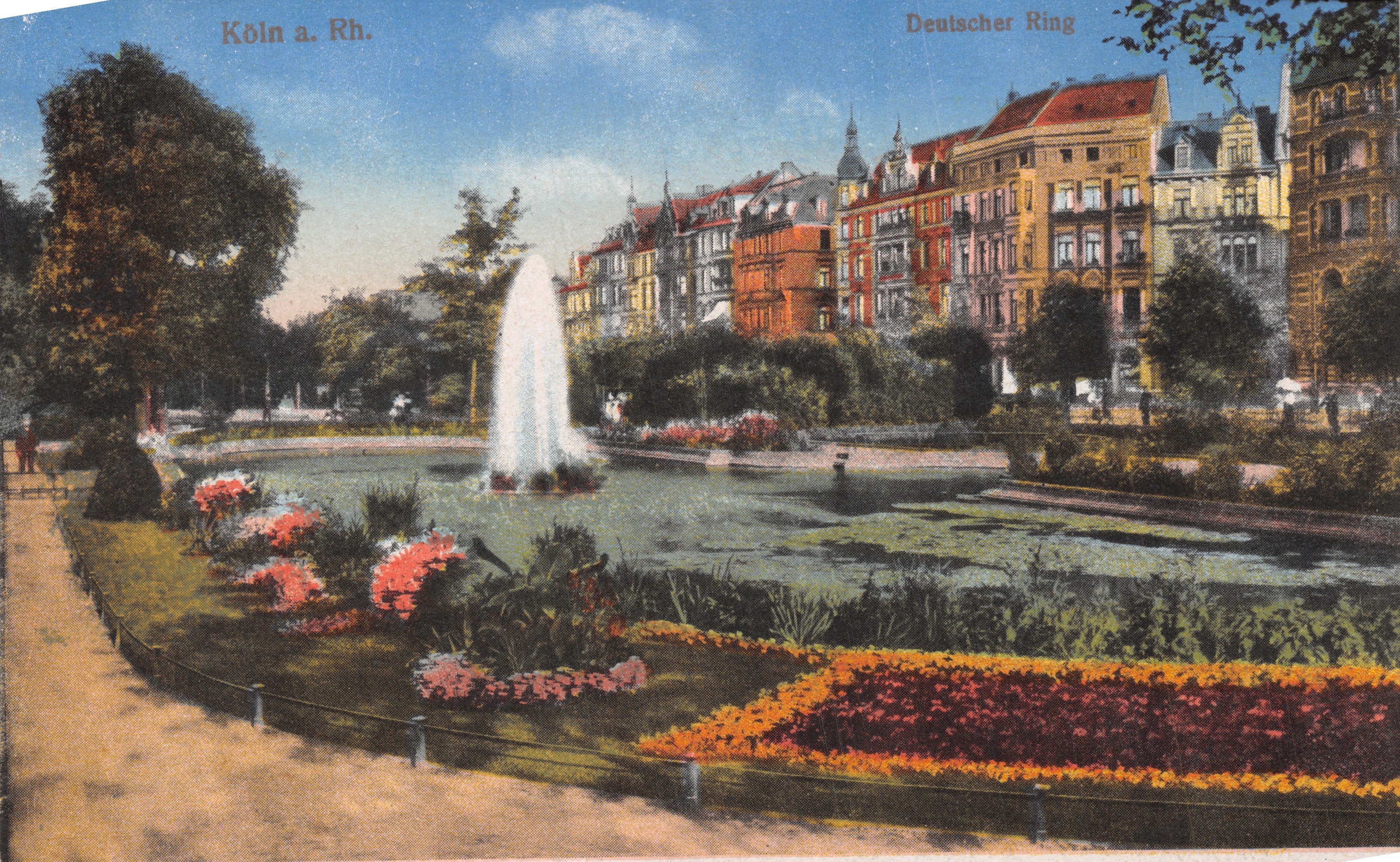 Köln a. Rh. — Fontaine au milieu d'un parc avec bâtiments colorés — éditeur non identifié, n° de série 8