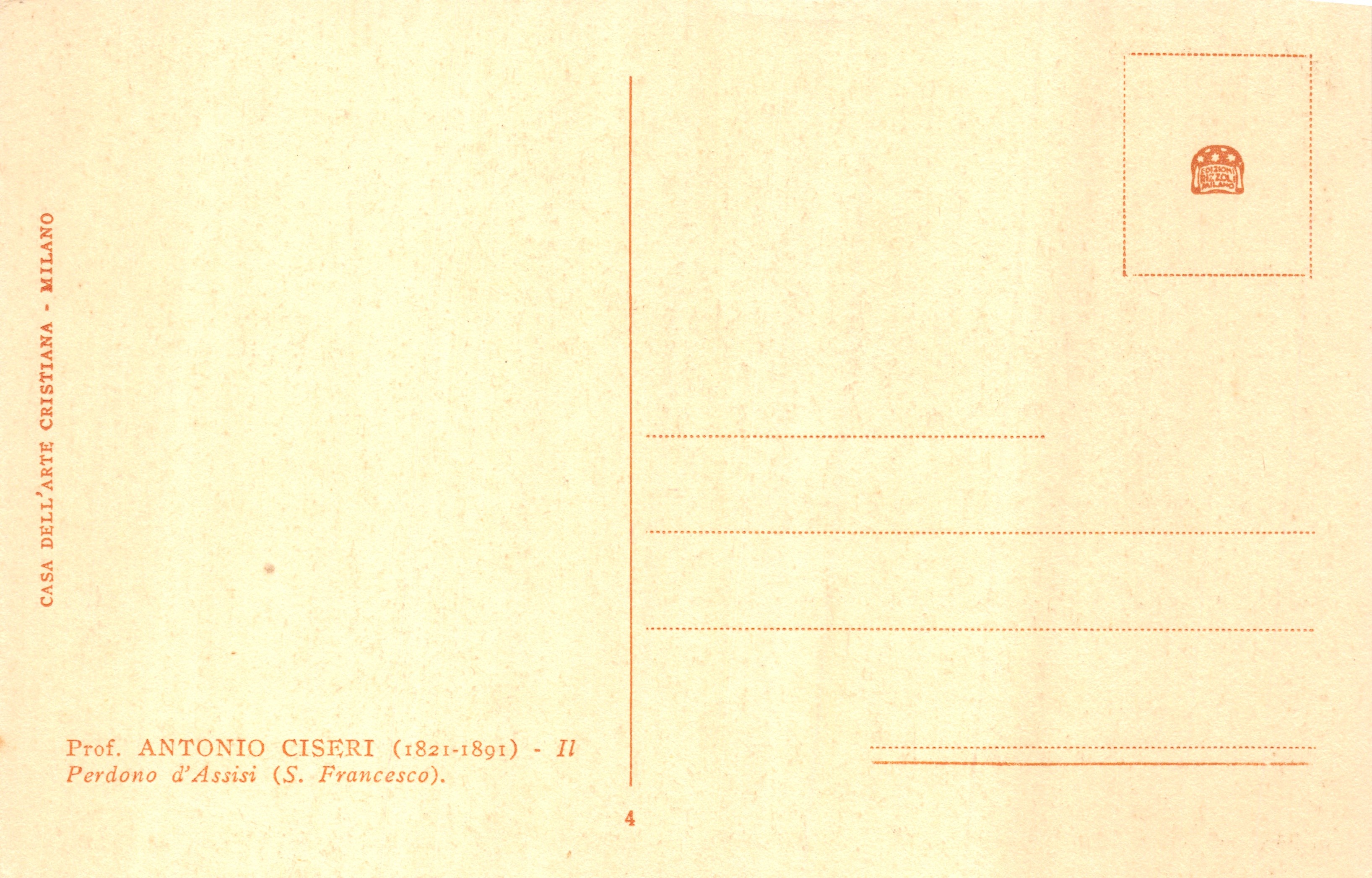Das Erbarmen des Heiligen Franziskus — religiöse Szene — Verlag Prof. Antonio Ciseri (1821-1891) - Il Perdono d'Assisi (S. Francesco) - n°4 — Rückseite