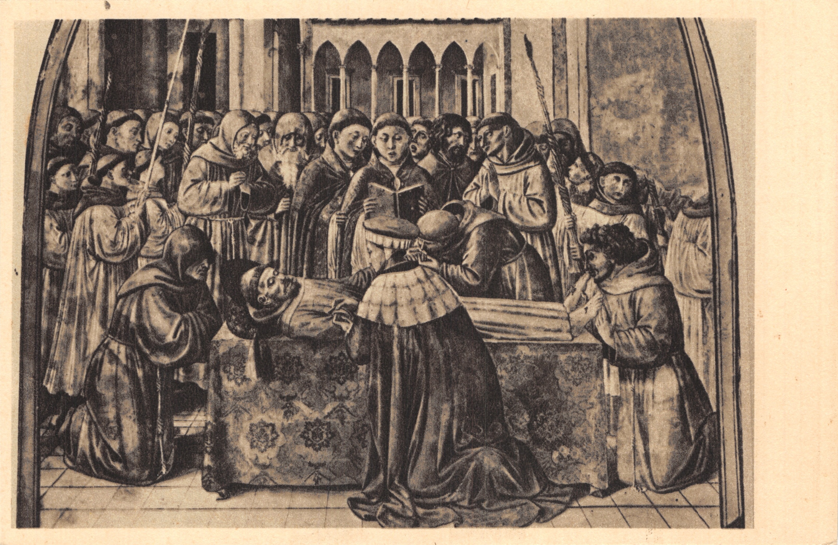 Dood van heilige Franciscus — Begrafenis — Schilderij van Benozzo Gozzoli — Uitgever: Casa dell'Arte Cristiana, Milaan