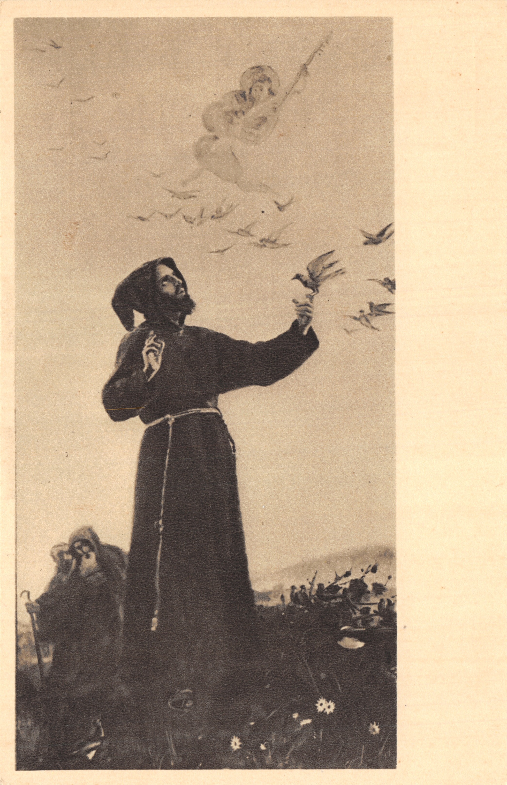 Saint François d'Assise — avec un ange et des oiseaux — éditeur LOVERINI PONZIANO - MILANO
