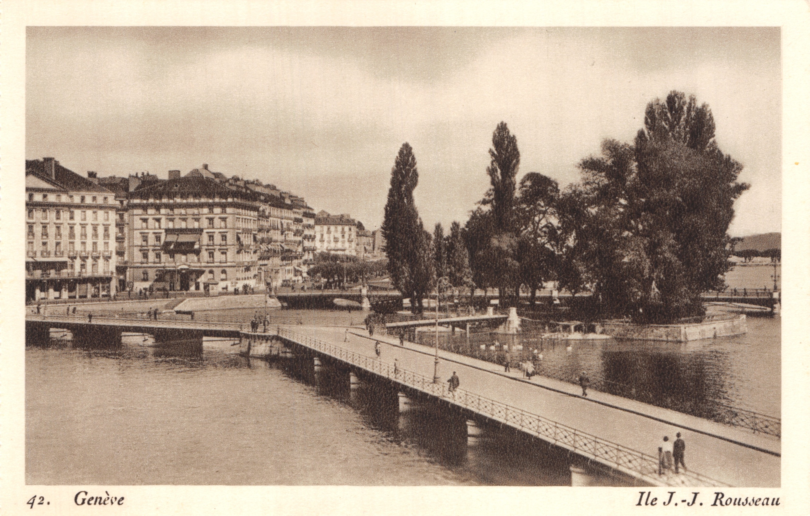 Isola J.-J. Rousseau — vista del ponte e degli edifici di Ginevra — editore Paul Lebèt, n. 42
