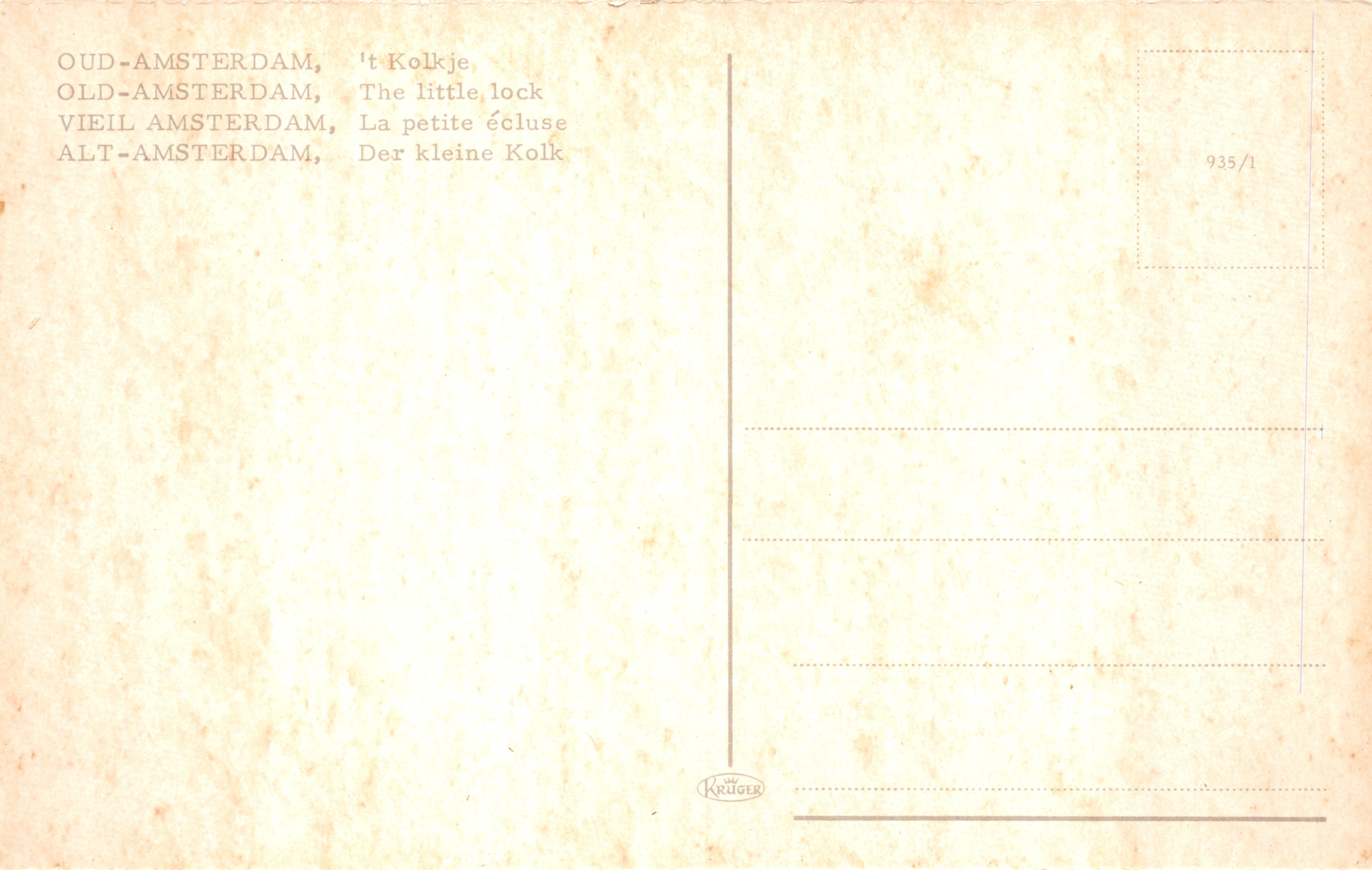 Amsterdam — Canal con esclusa y iglesia — editor Krüger, n.º 935/1 — Reverso