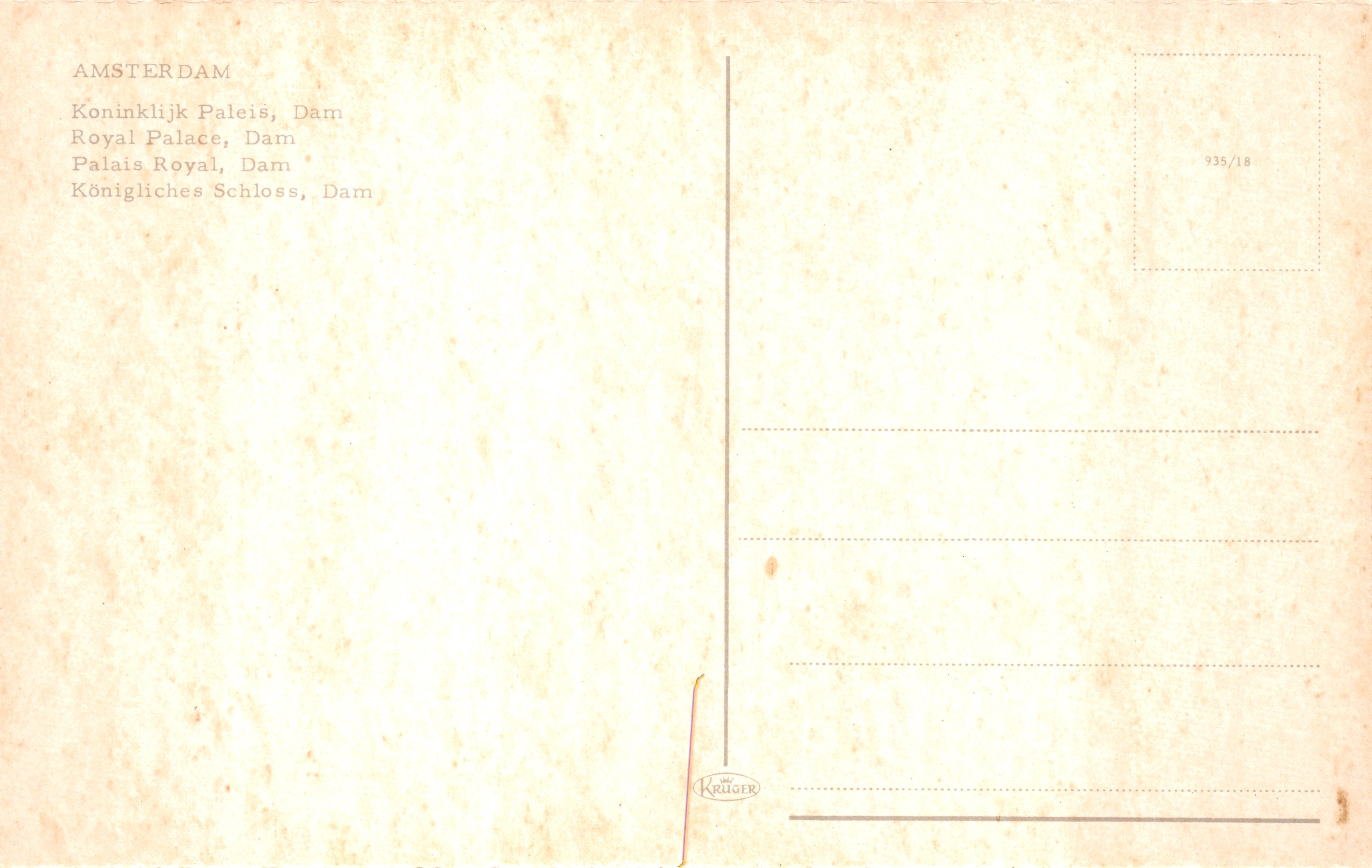 Amsterdam — Paleis Royal, Dam — uitgever Krüger, n° 935/18 — Achterkant