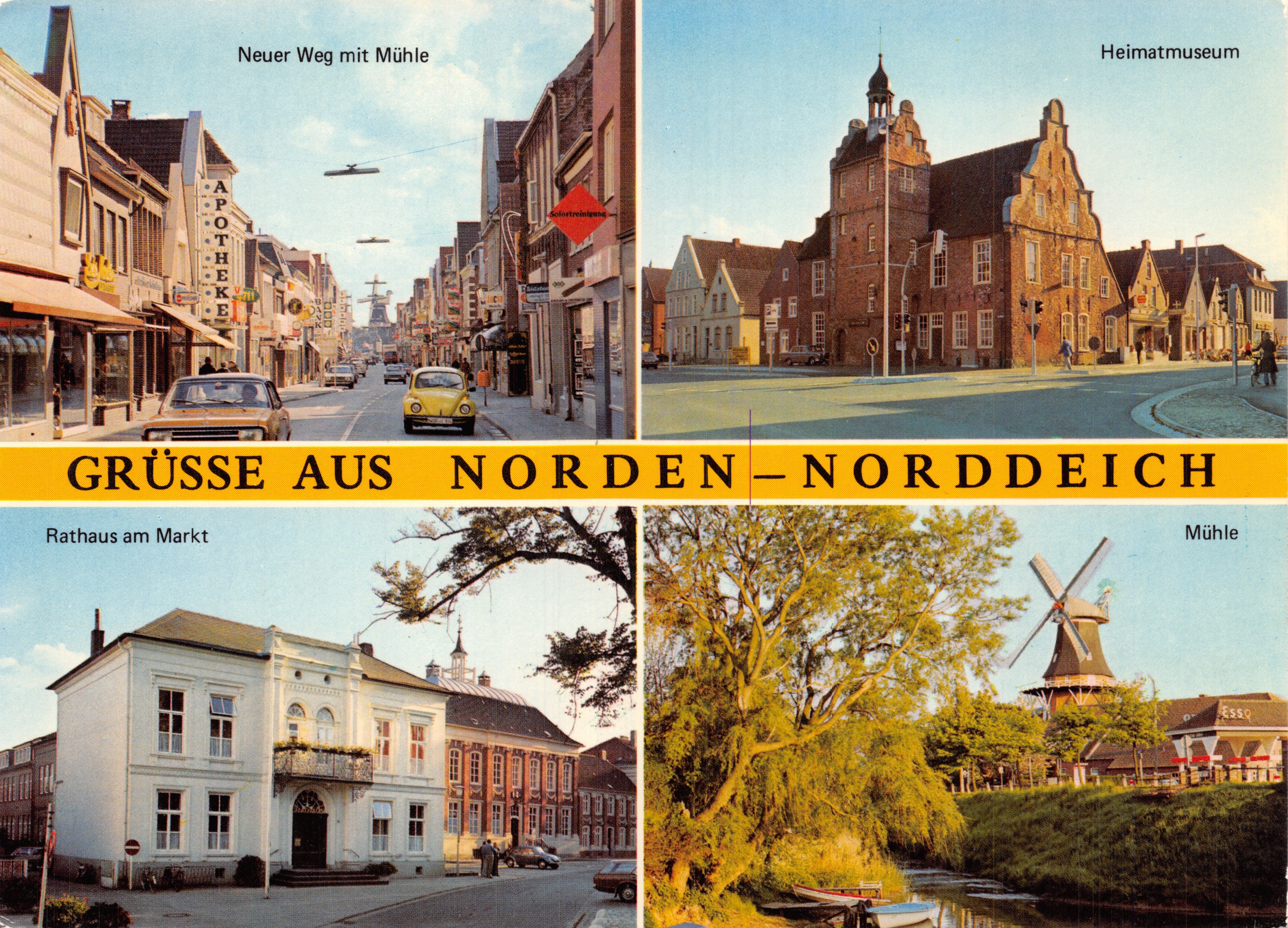 Norden-Norddeich — Neuer Weg quarter with the mill, the Town Hall at the Market and the Mill with windmill — publisher AZET COLOR