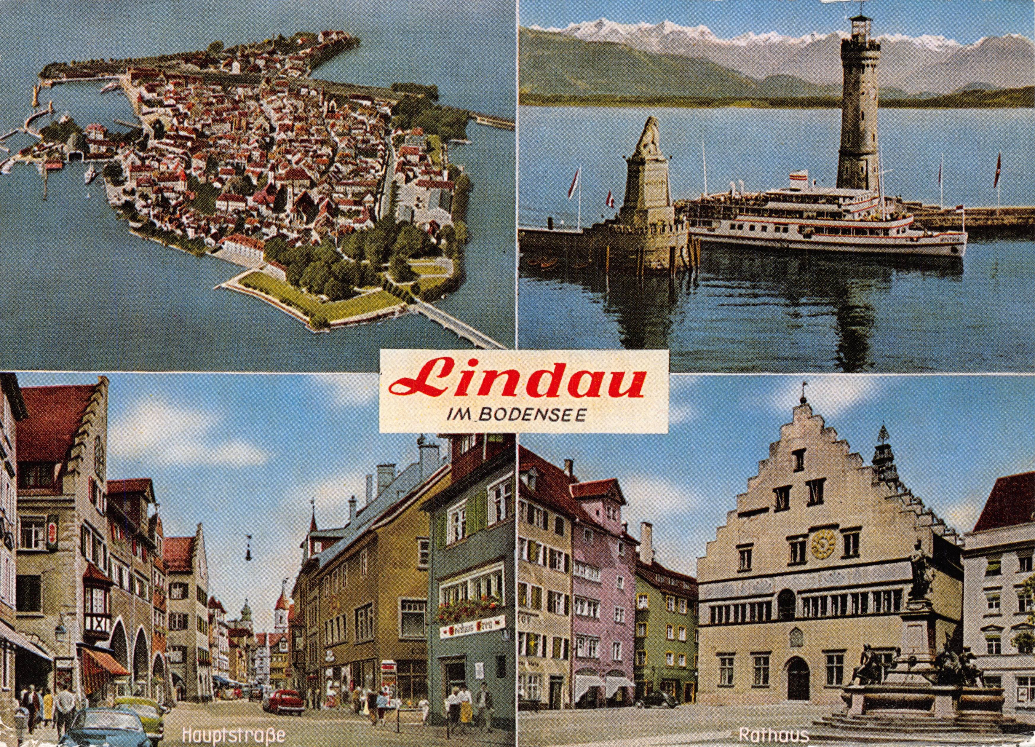 Lindau on Lake Constance — aerial view, lighthouse, Hauptstraße, town hall — publisher Verlag Karl Alber, Breisgau