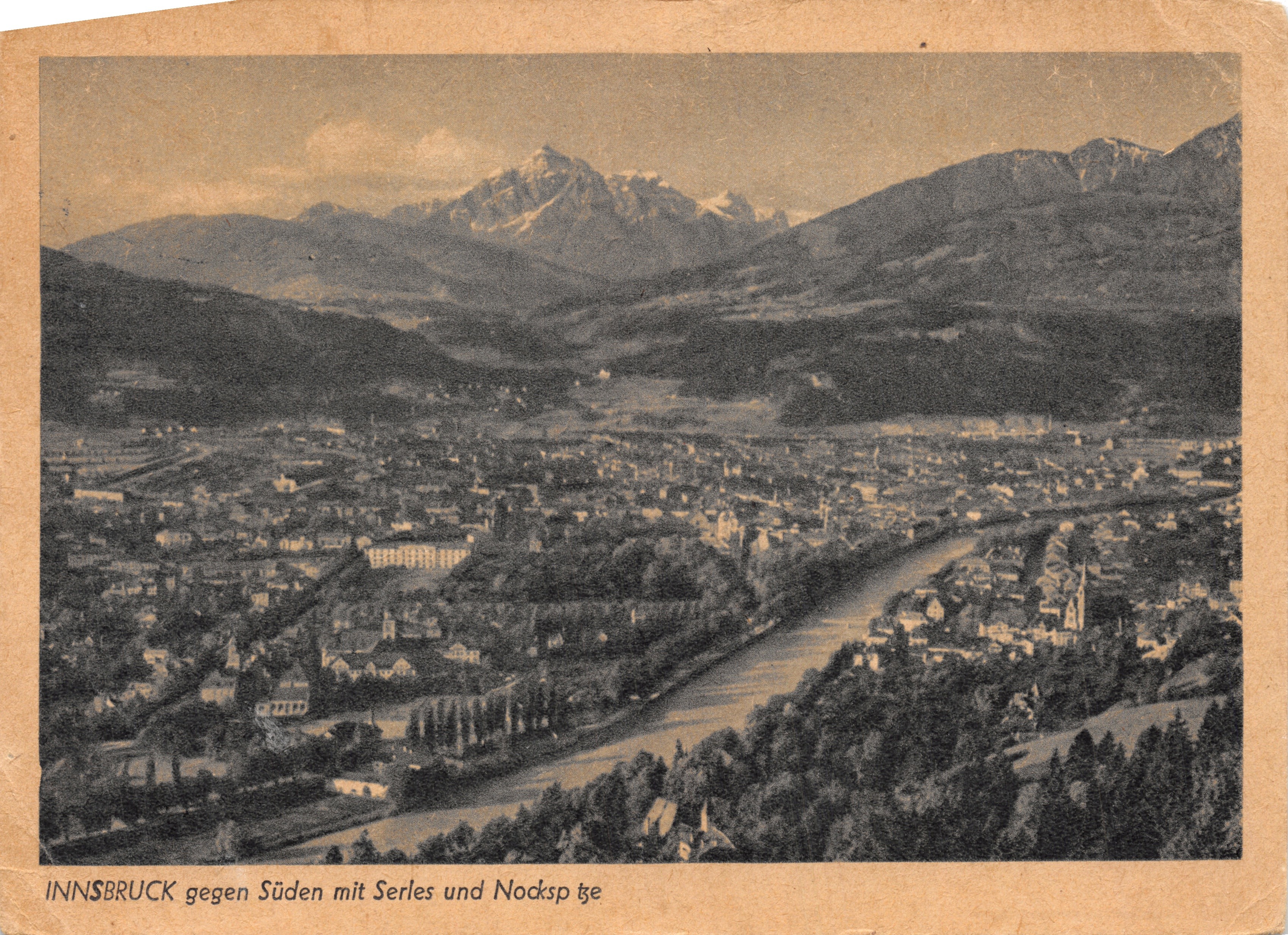 Innsbruck — zuidelijke uitzicht met de bergen Serles en Nockspitze — Tiroler Kunstverlag Chizzzali