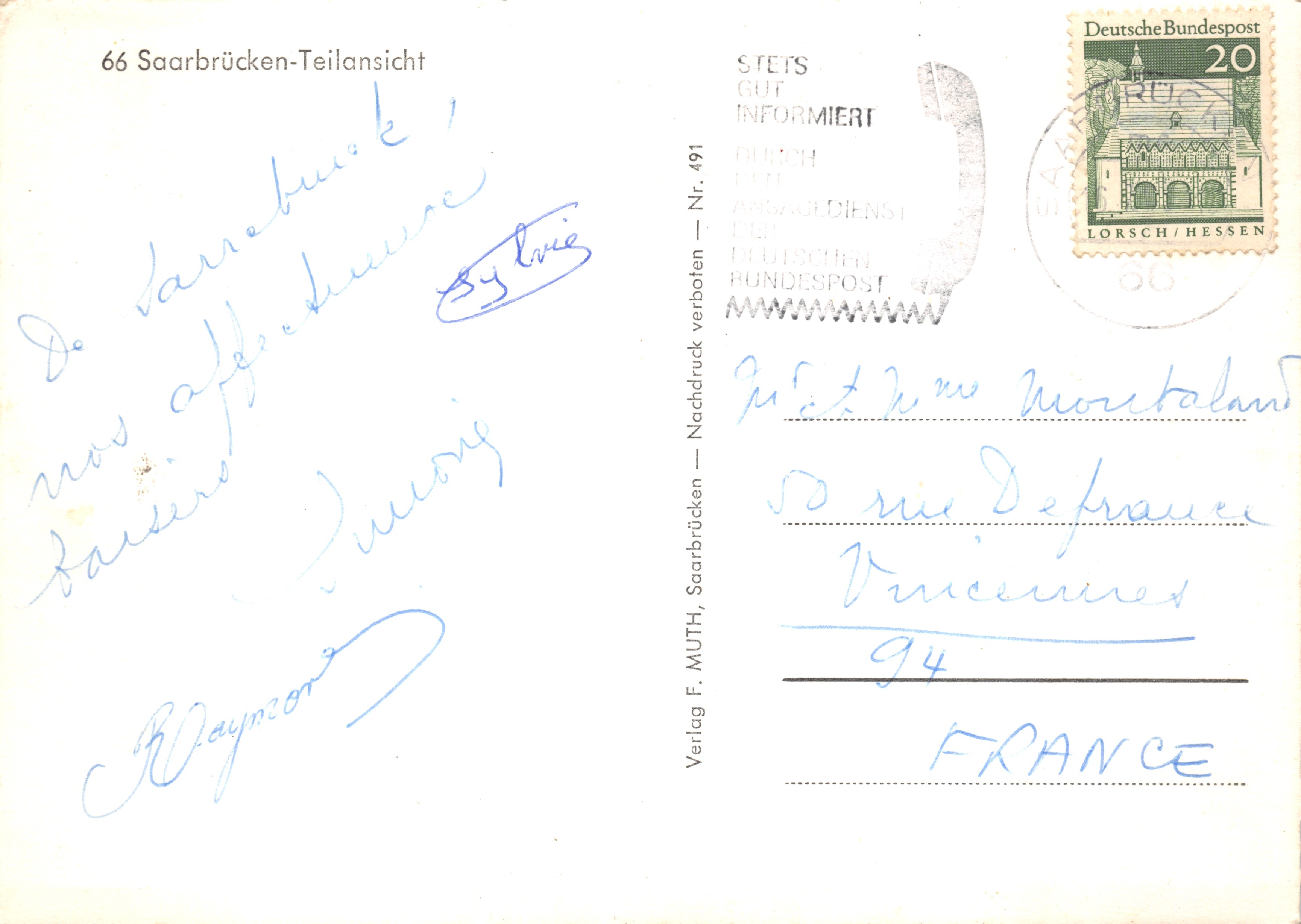 Saarbrücken — szczegół mostu — wydawca Verlag F. MUTH, n° 491 — Rewers