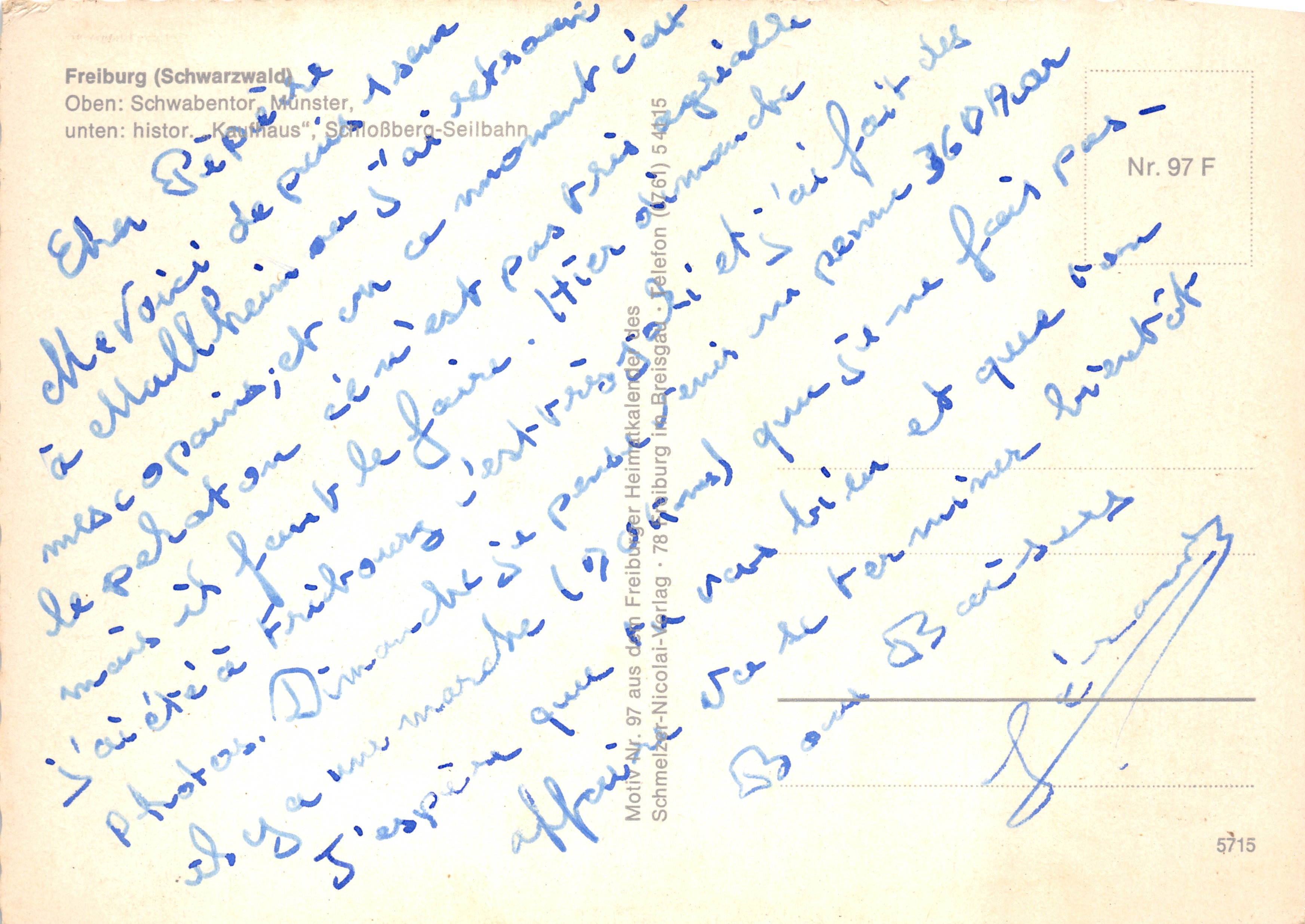 Freiburg — Panoramablick, Verlag Schmelzer-Nicolai-Verlag, Nr. 97 F — Rückseite