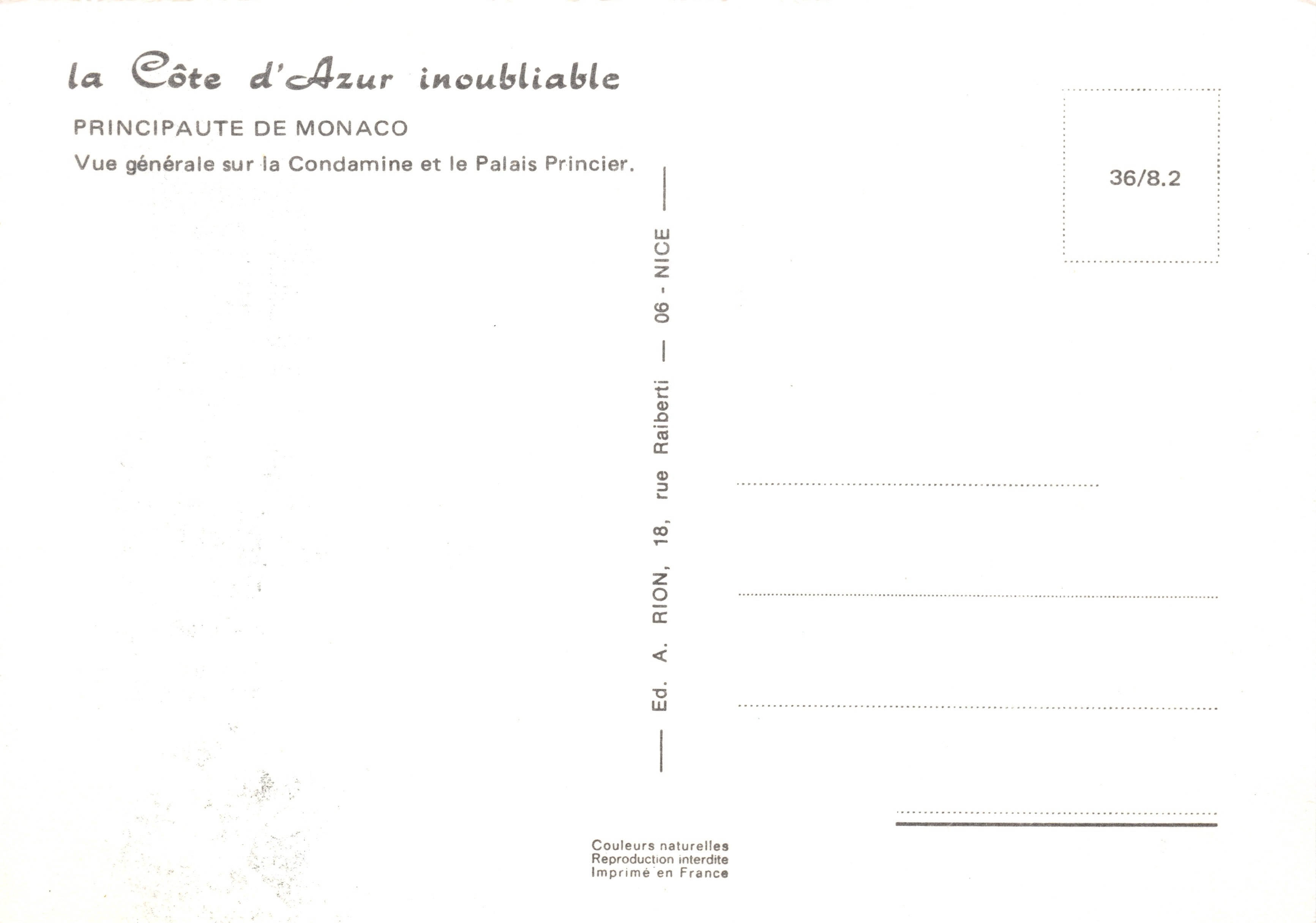 Vista general de Mónaco — Palacio Real — editor A. Rion, n.º 36/8.2 — Reverso