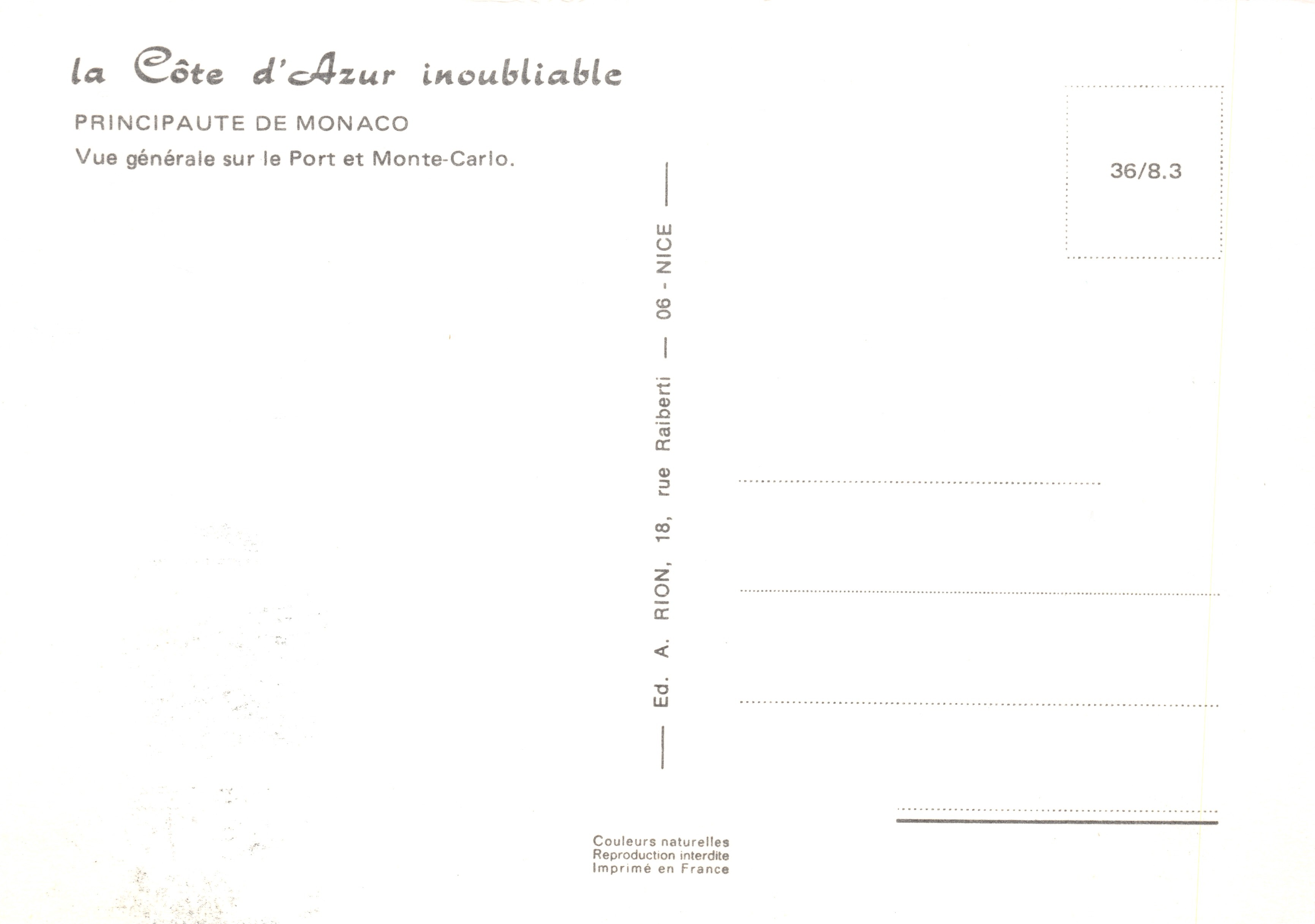 Algemene weergave van het Haven en Monte-Carlo — Prinsdom Monaco — Uitgever A. Rion, rue Raiberti, Nice — Achterkant