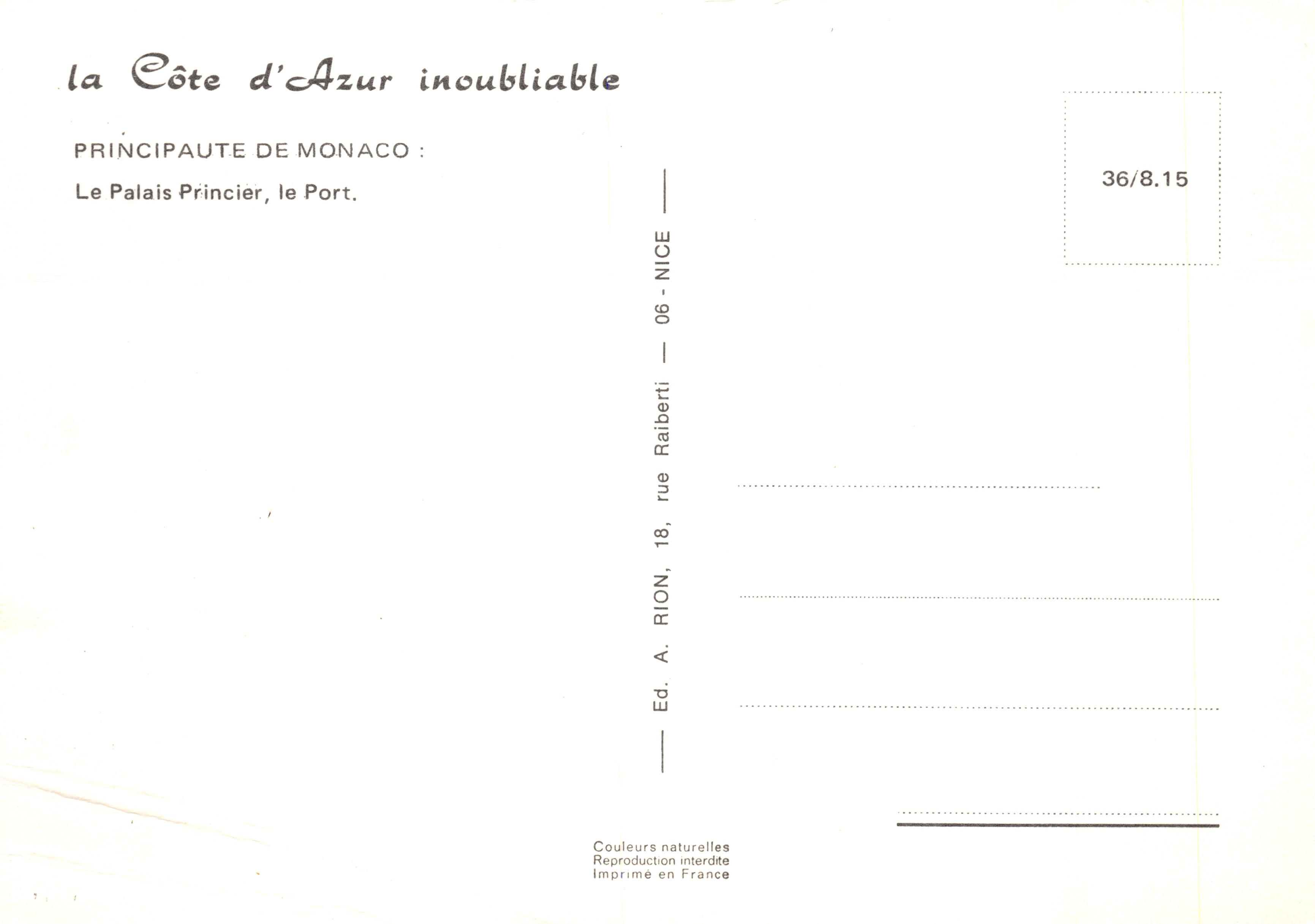 Monaco — Palacio del Príncipe y Puerto — Editor A. Rion, Nice — Reverso