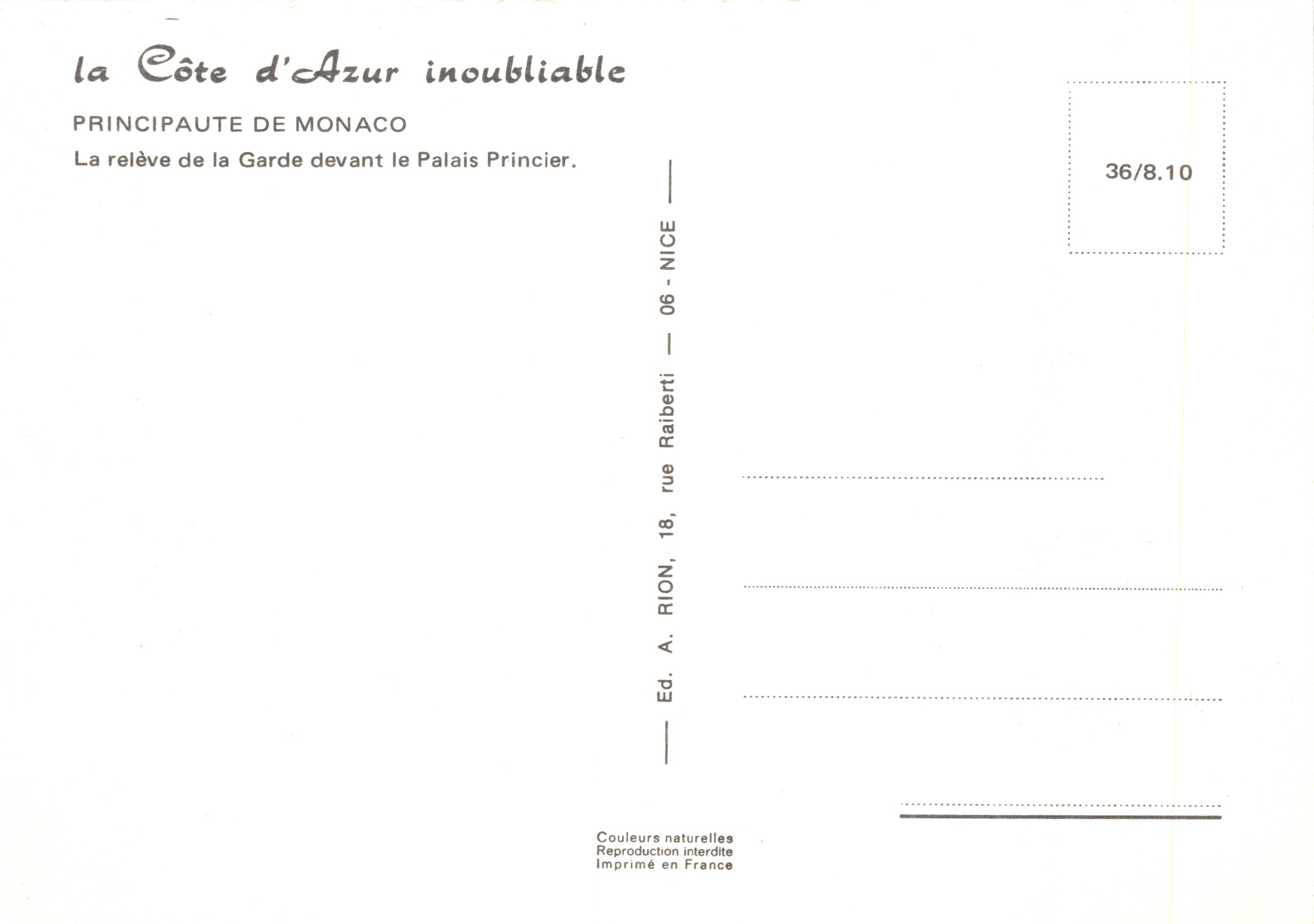 De wachtpost van de Garde voor het Prinselijke Paleis — Monaco — uitgever RION, n° 36/8.10 — Achterkant