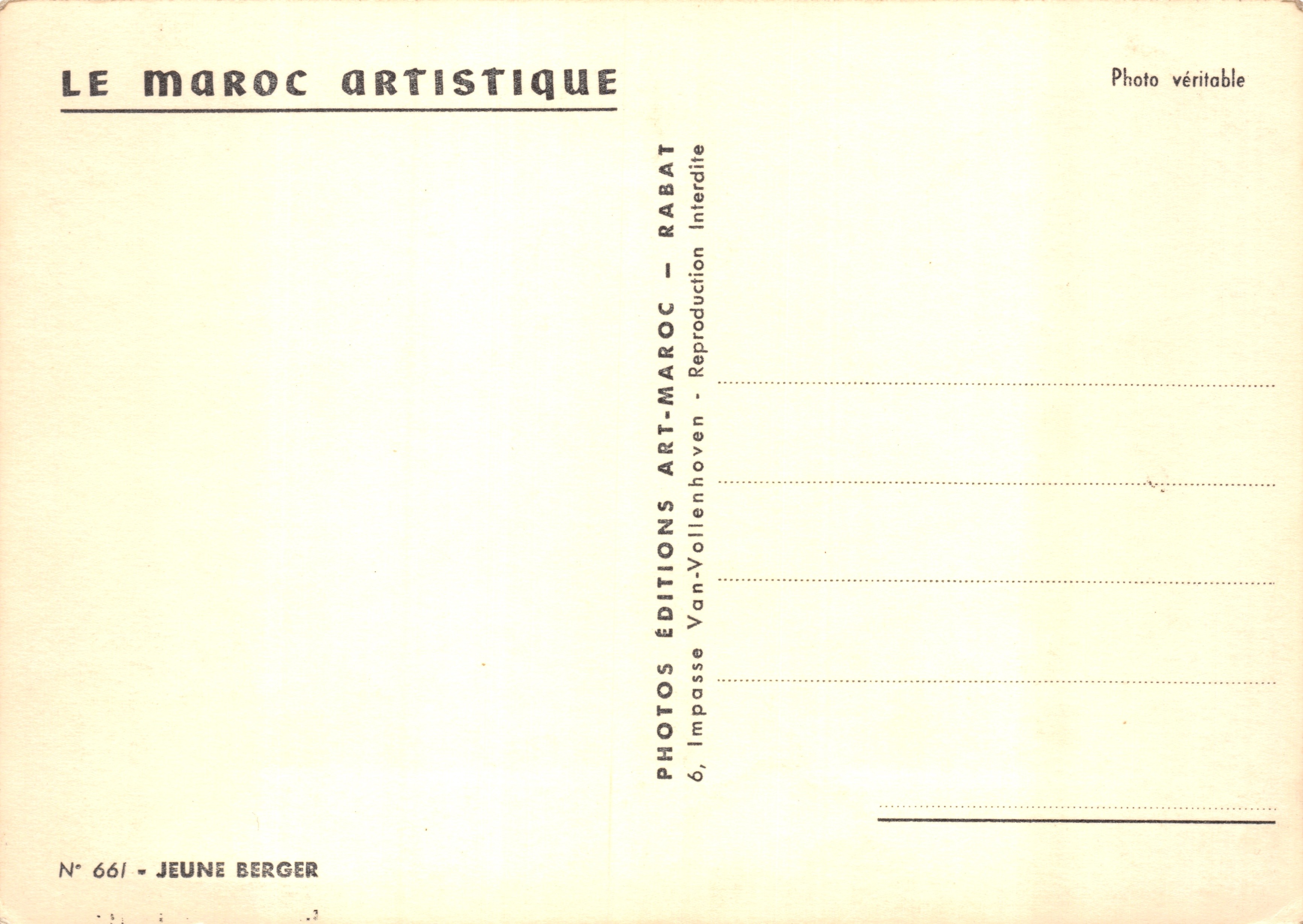 Jeune berger avec agneau — paysage désertique avec palmiers et montagnes — éditeur LE MAROC ARTISTIQUE, n° 661 — Reverso