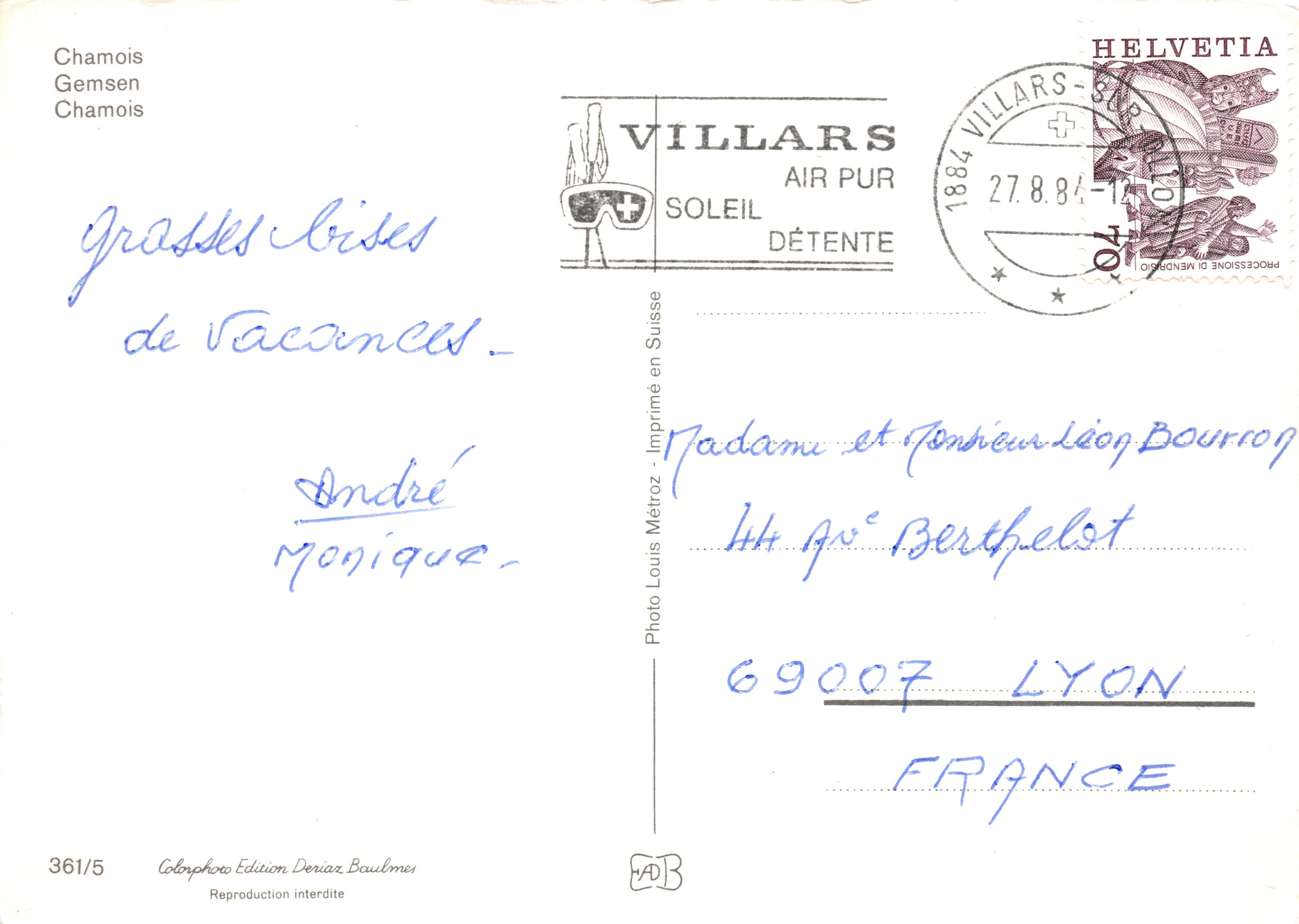 Chamois — deux animaux sur un sommet enneigé — Colophon Edition Deriaz Baulmes n°361/5 — Reverso