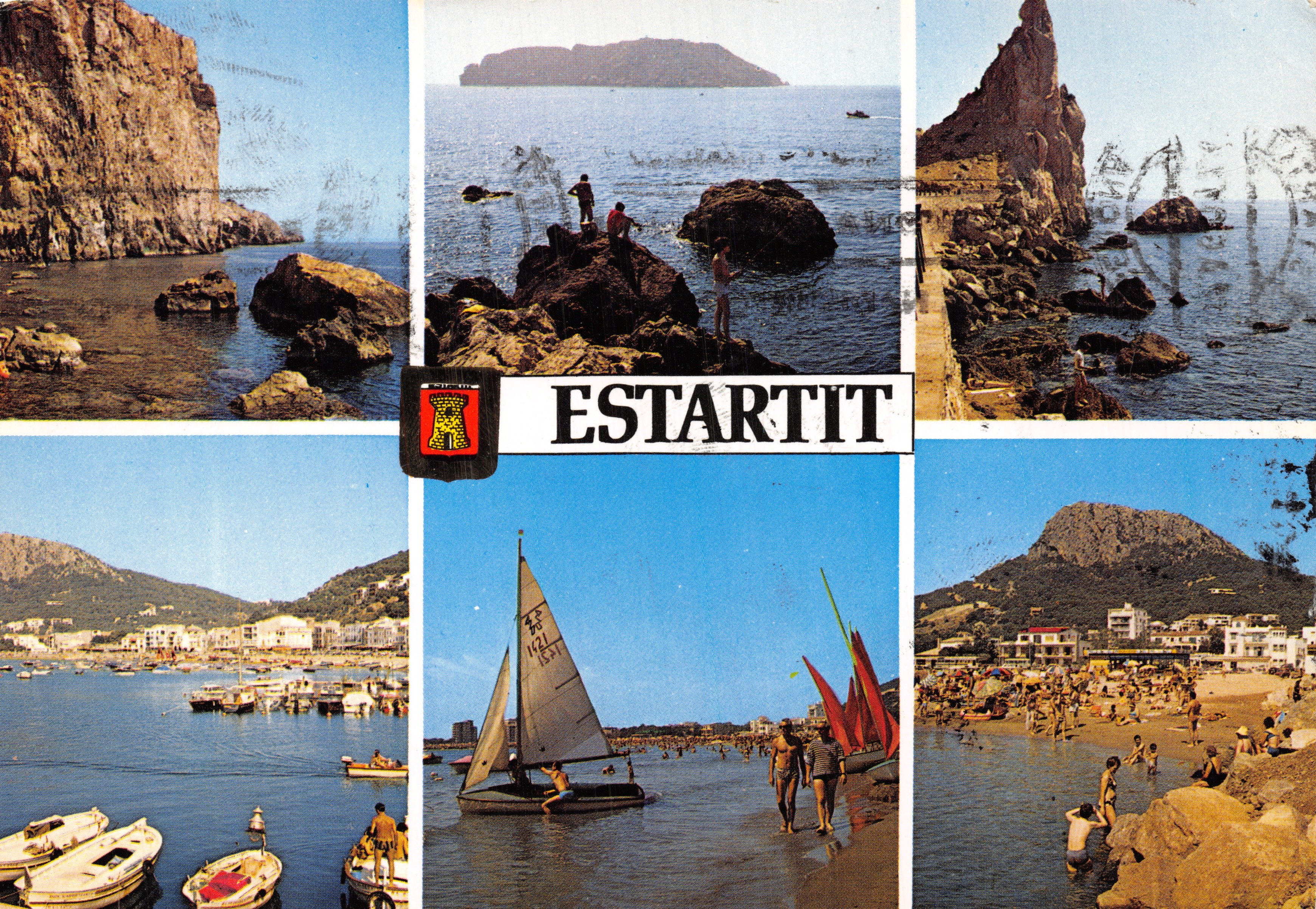 Estartit — vista panoramica della costa con scogli, spiaggia e veliero — Editore: Escudo de Oro, n. 7068