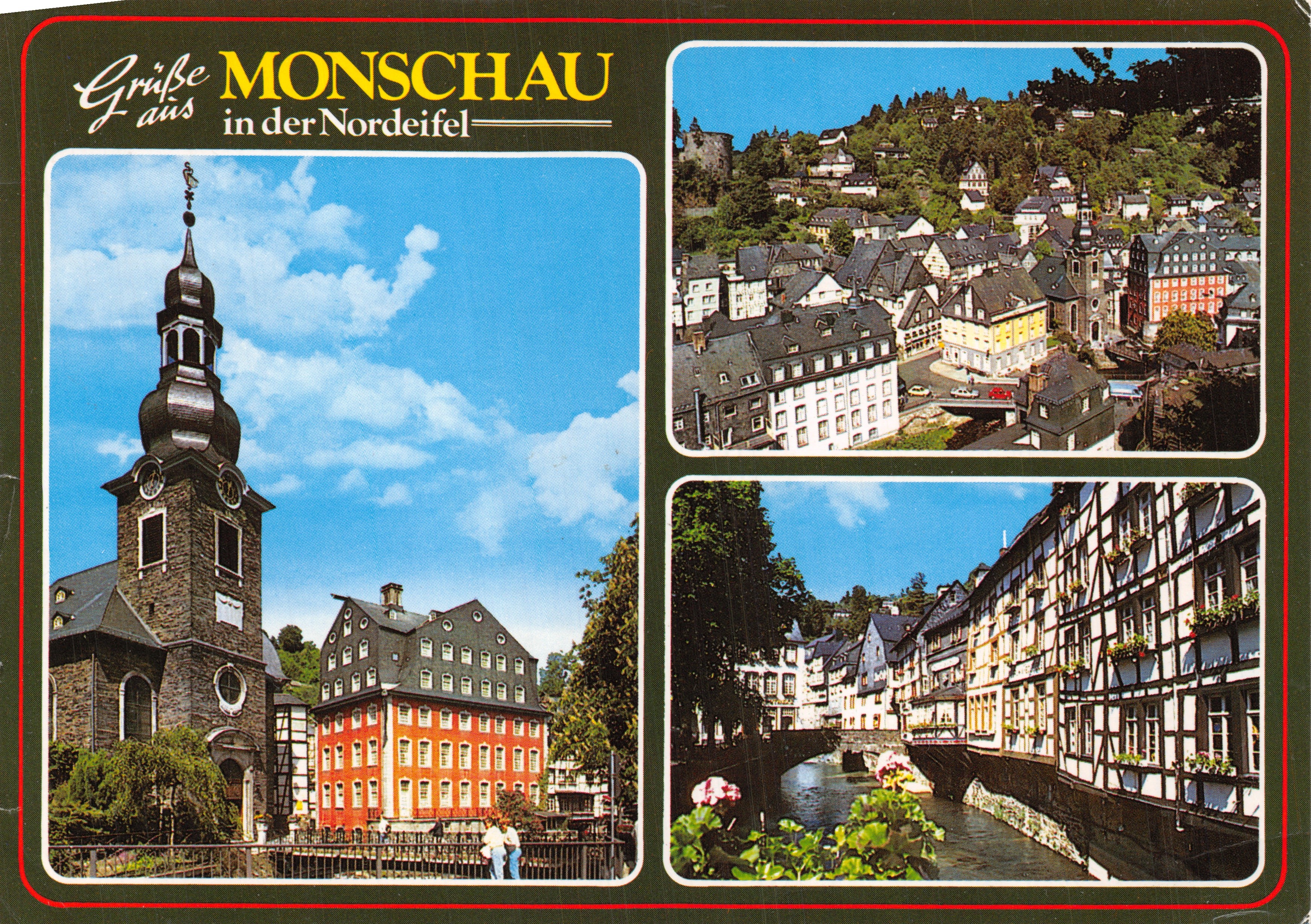 Monschau — vue de l'église, panorama et rue bordée de maisons à colombages — éditeur Schöning & Co. n° 5108