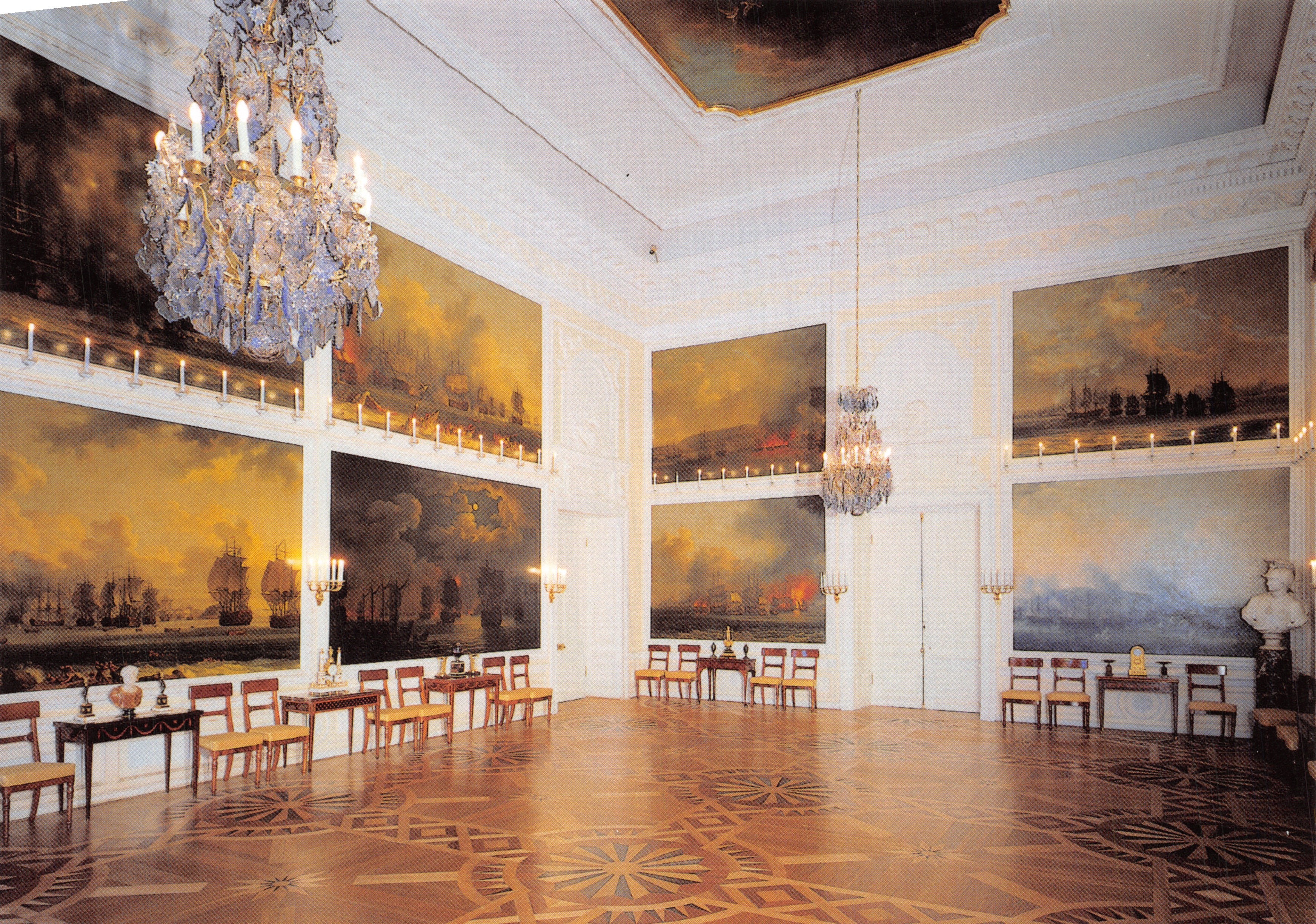 Chesme Room — Salle de bataille maritime — Architectes B.F. Rastrelli (1749-1752) et J. Velten (1778-1779) Peterhof