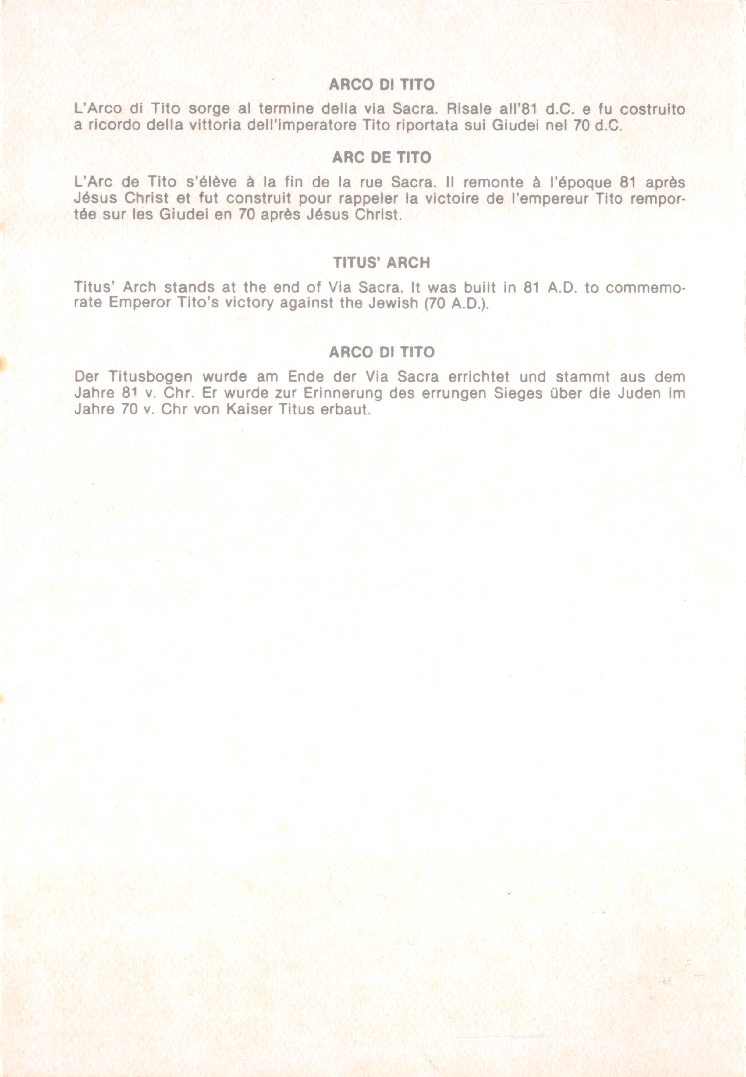 Arco di Tito — Arc de Titus — Titus' Arch — editore non visibile — Verso