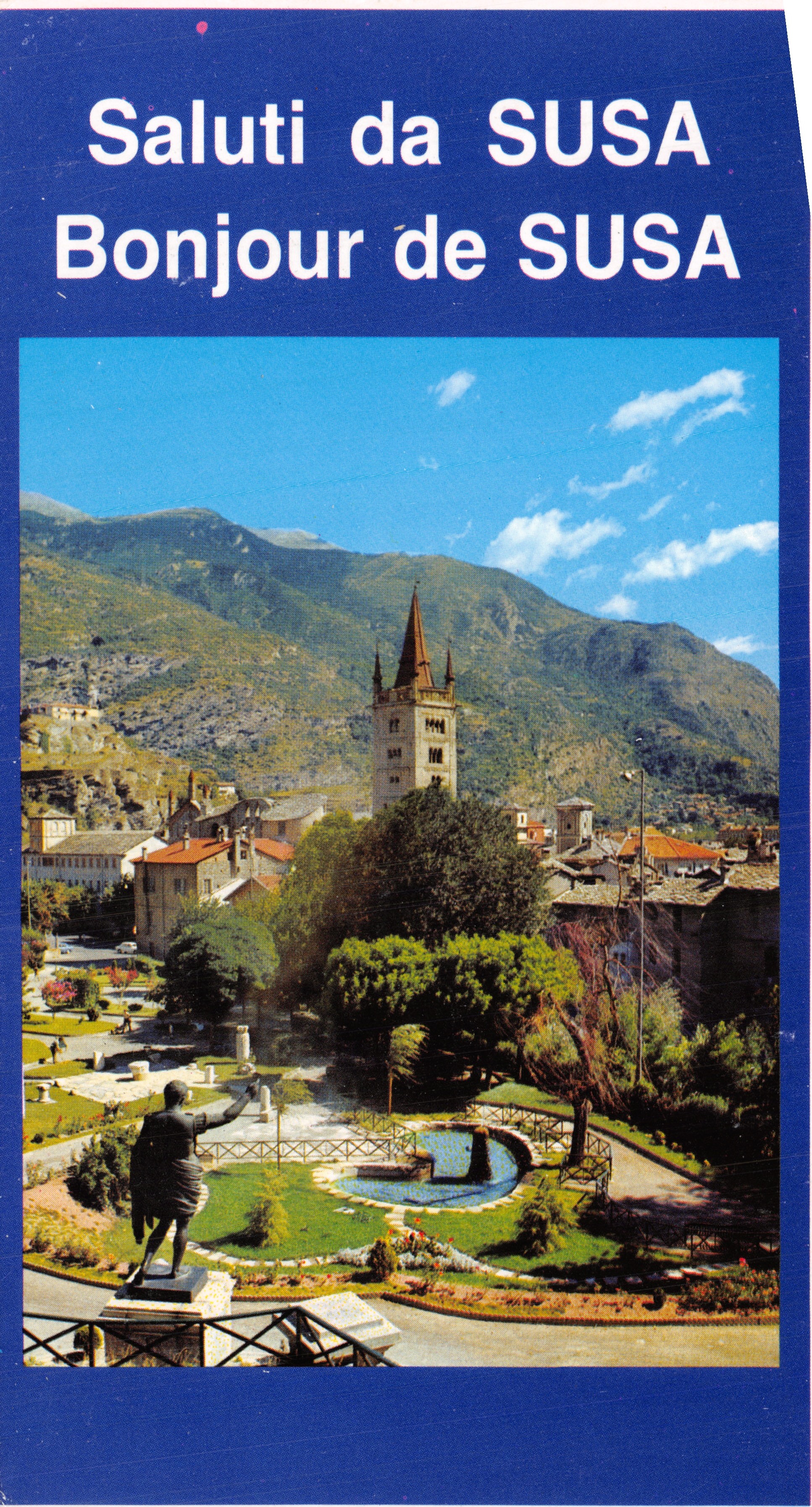 Susa — vista del centro con iglesia y estatua — editor STAMPATO PER GENTILE CONCESSIONE