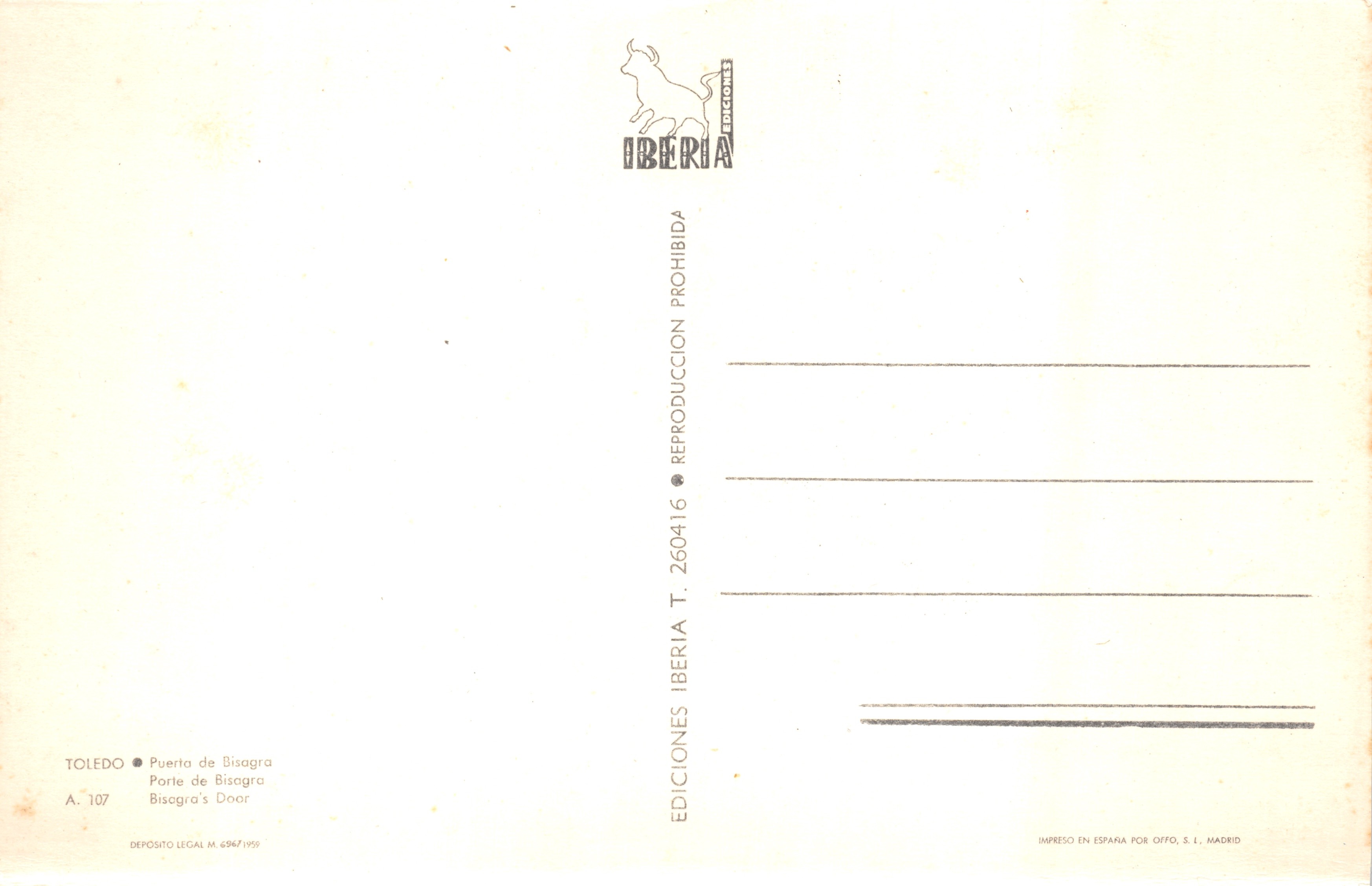 Toledo — Porte de Bisagra — Iberia Editions, n° A. 107 — Reverso