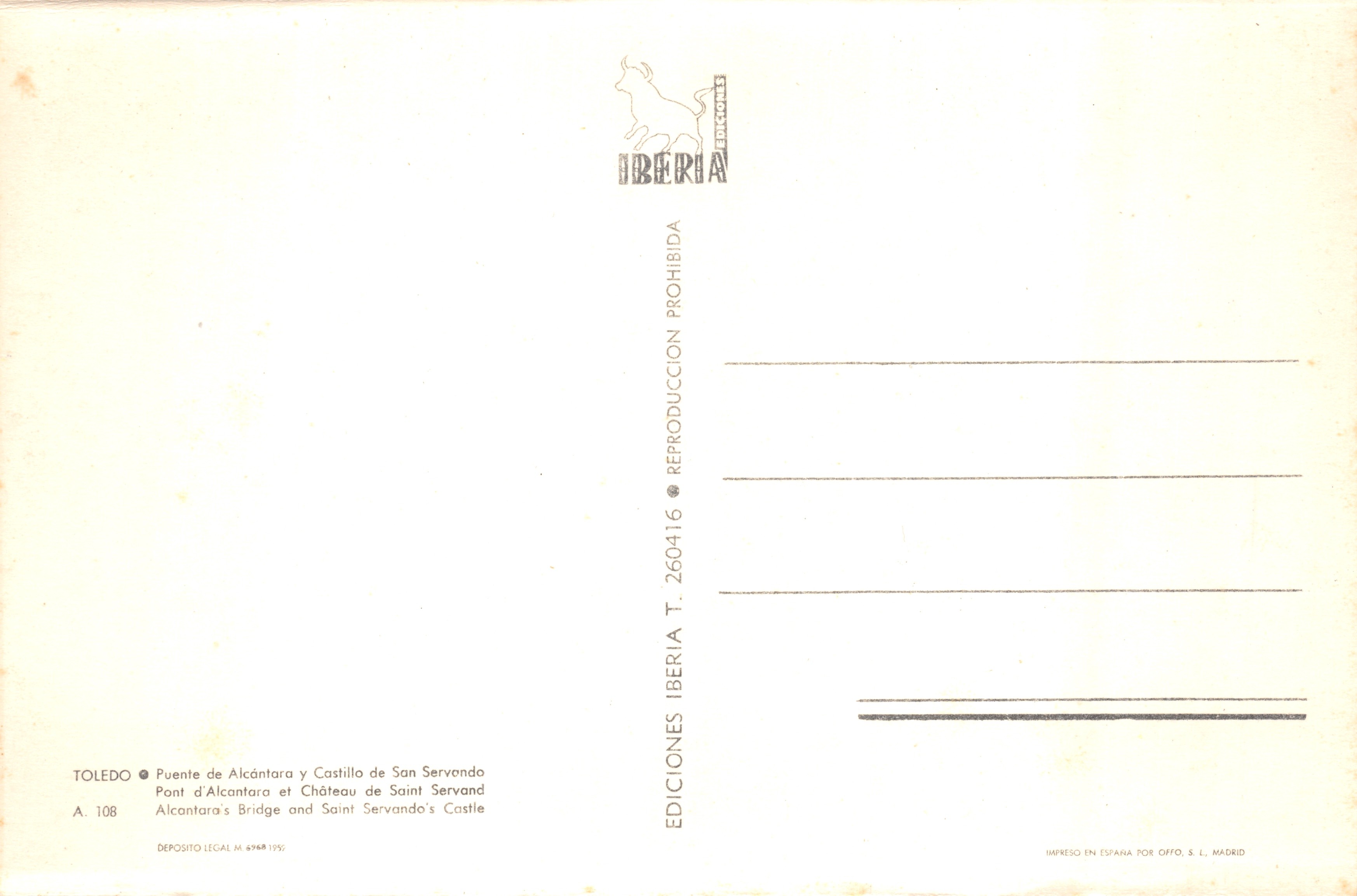 Toledo — Pont d'Alcántara et Château de Saint-Servando — Éditions Iberia — Verso