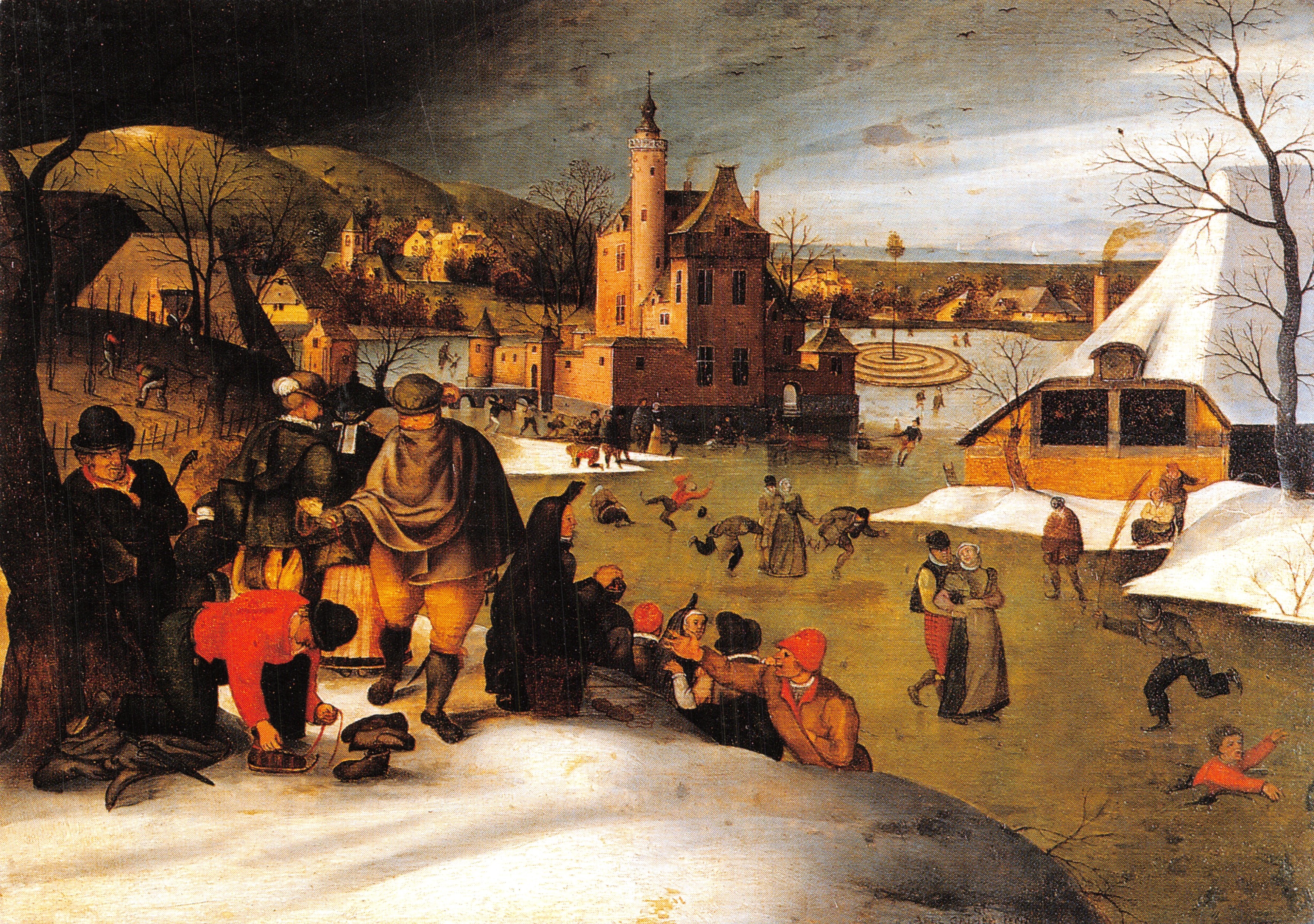 Escena de patinadores sobre un lago helado — pintura de Abel Grimmer (1570-1619) — editor Koninklijk Museum voor Schone Kunsten, Antwerpen