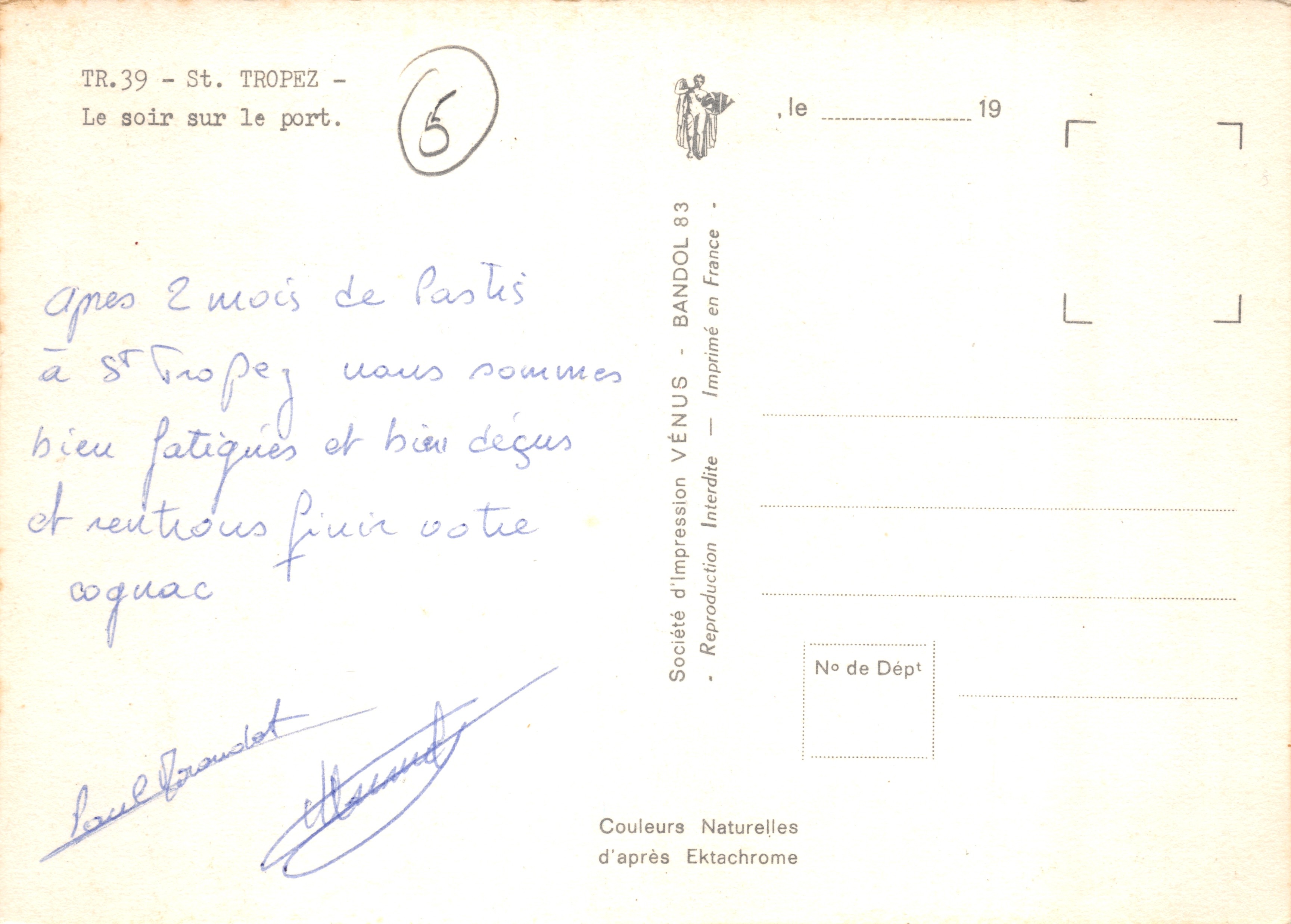 St. Tropez — Le soir sur le port — Société d'Impression VÉNUS, Bandol — Reverso