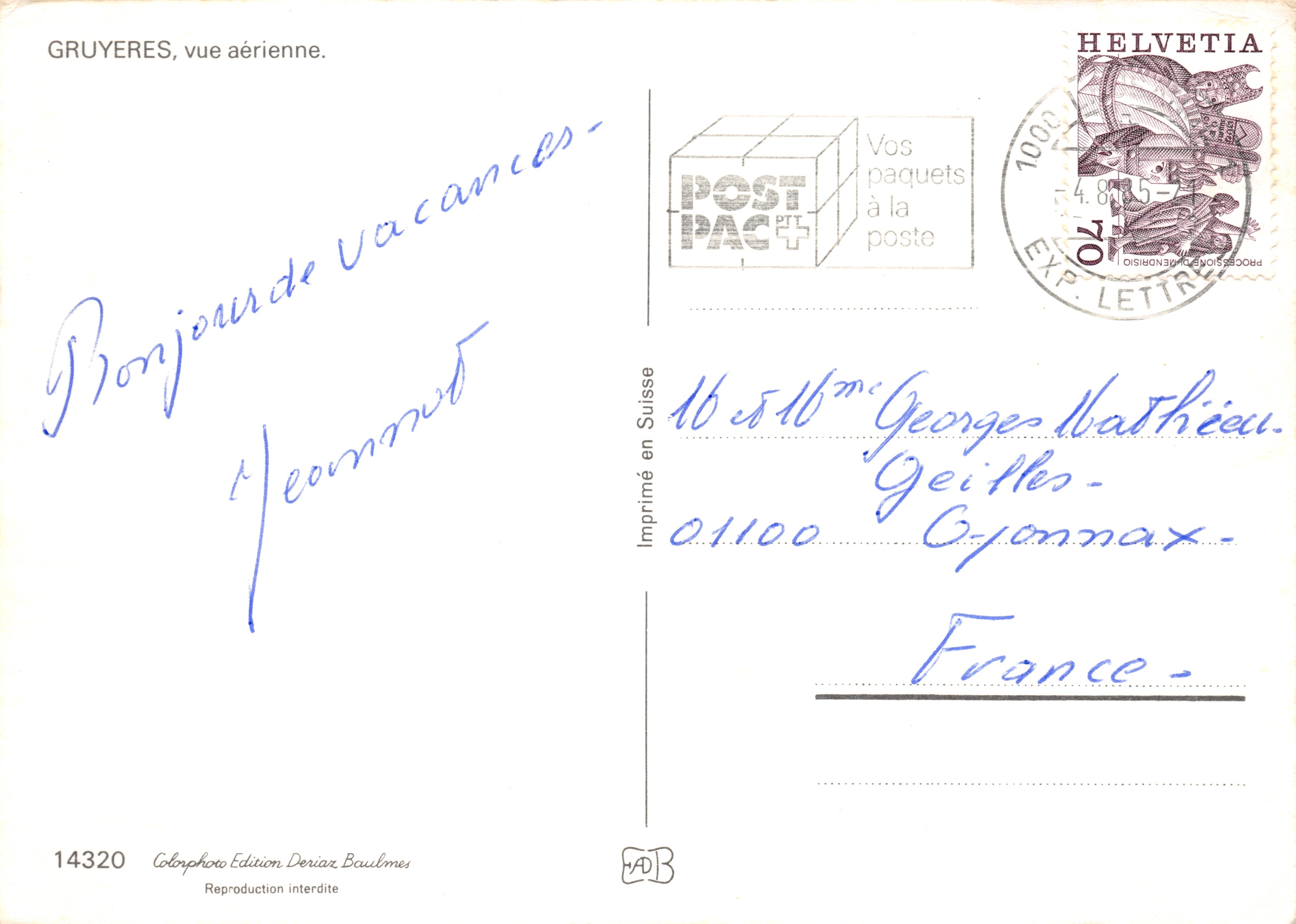 Gruyères — vue aérienne — Colorphoto Édition Deriaz Baulmes n°14320 — Achterkant