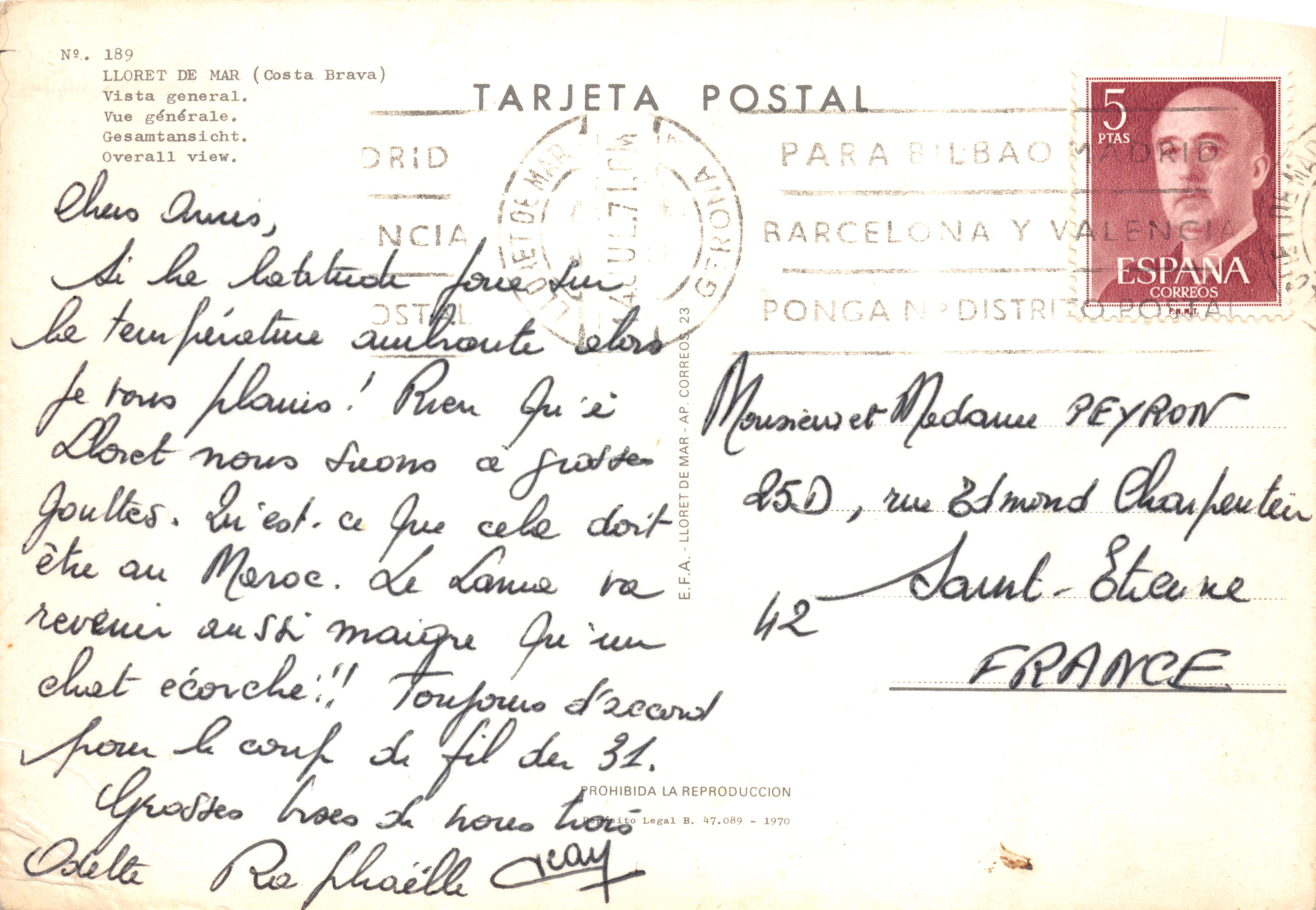 Lloret de Mar (Costa Brava) — vue générale avec plage et hôtels — éditeur E.F.A. - Lloret de Mar - AP. CORREOS — Verso