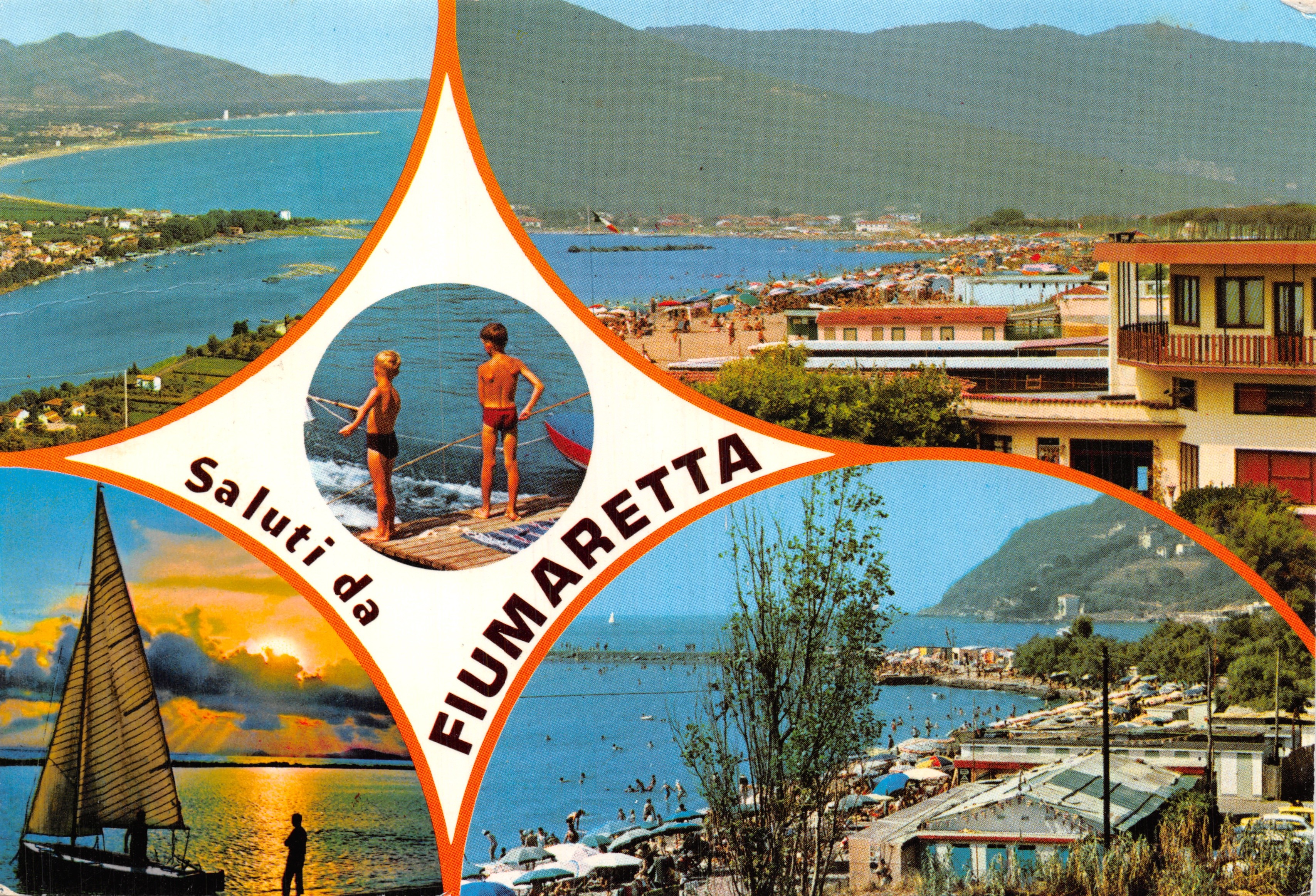 Fiumaretta — panoramic view of the beach and lake with children on a sailboard — Edition A.P.A. n° 4099/1