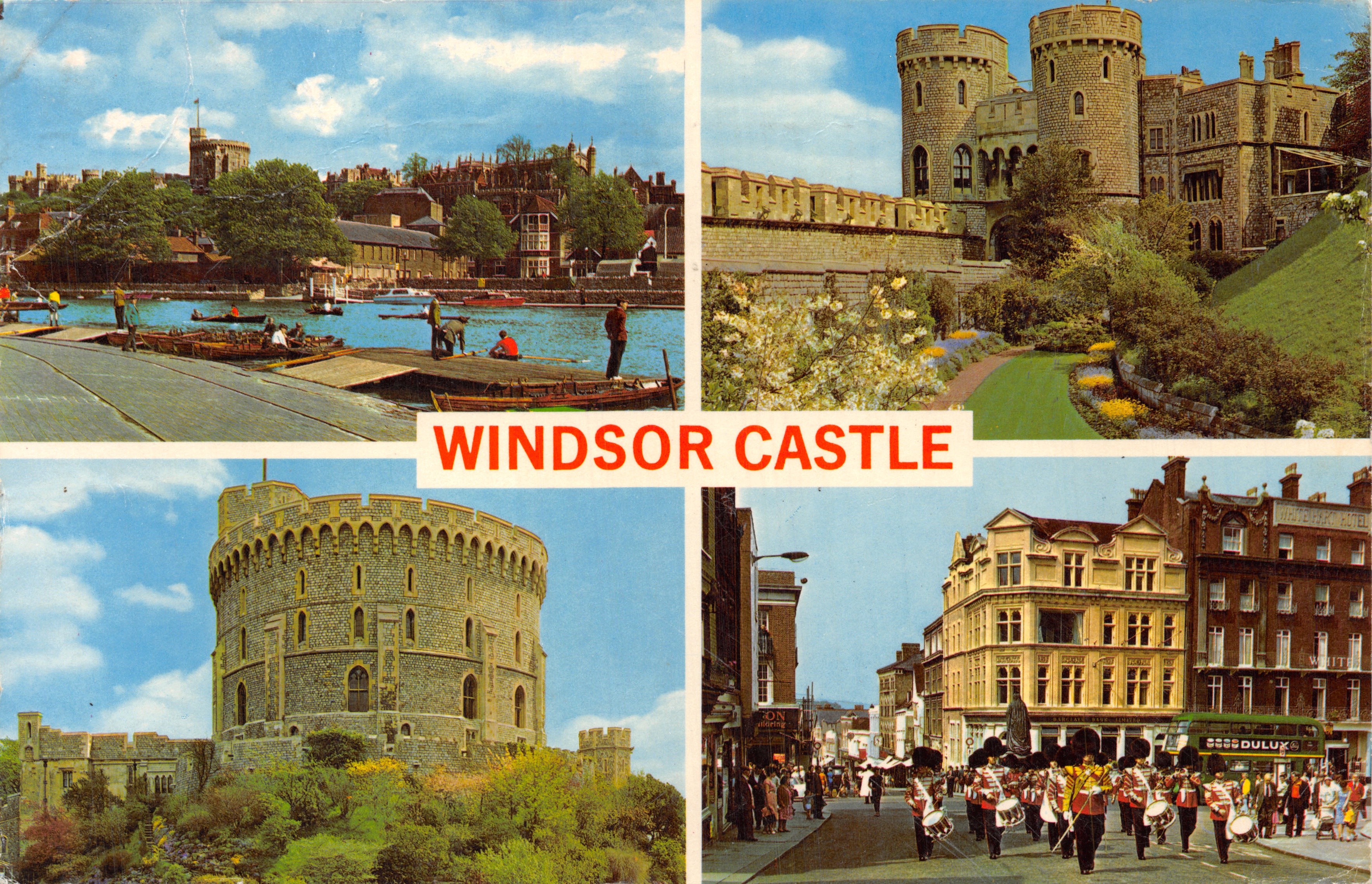 Windsor Castle — vue du château, du Round Tower et d'une parade — éditeur THE PHOTOGRAPHIC GREETING CARD CO. LTD. LONDON, n° 1410