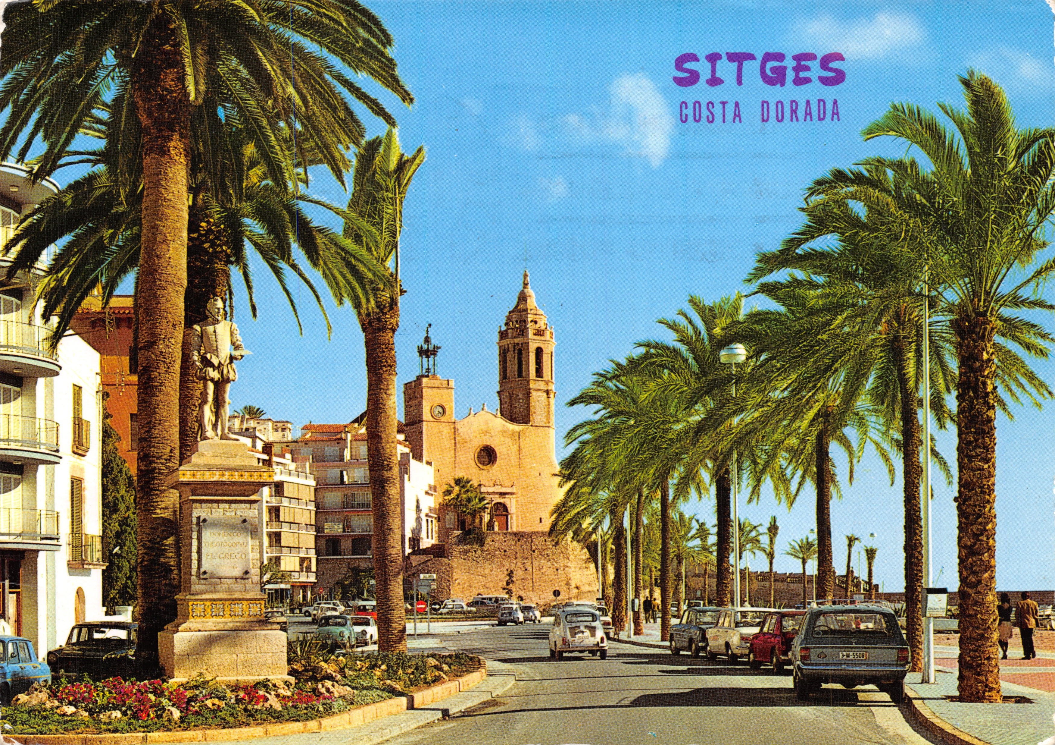 Sitges - Costa Dorada — statue d'El Greco et église, éditeur Gráficas Harris