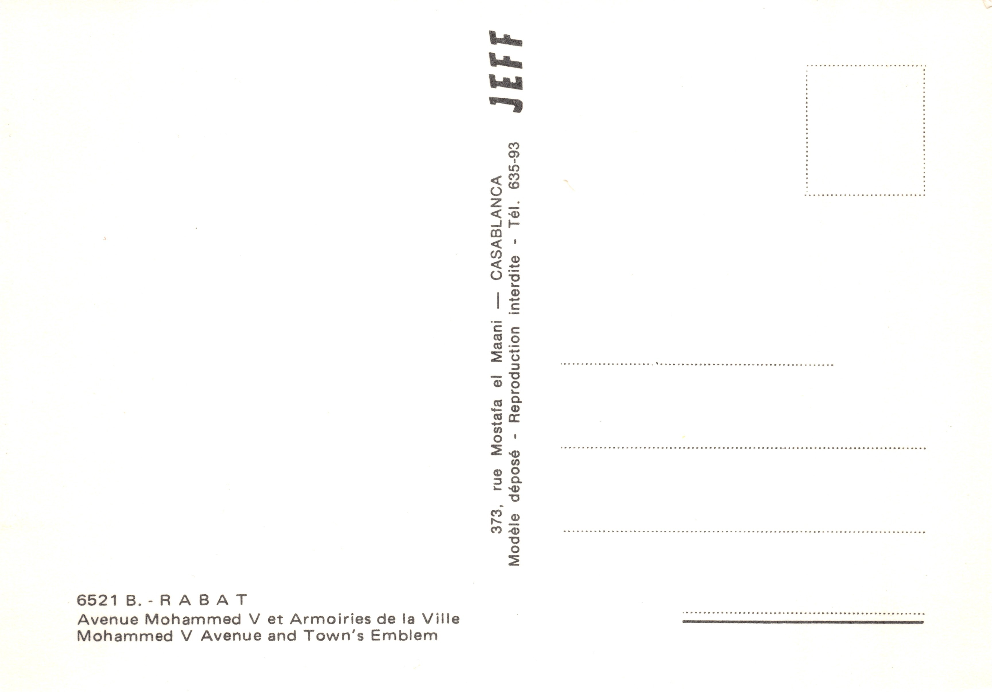 Avenue Mohammed V — rondpunt met gemeentelijke embleem — éditeur JEFF, n° 373 — Achterkant