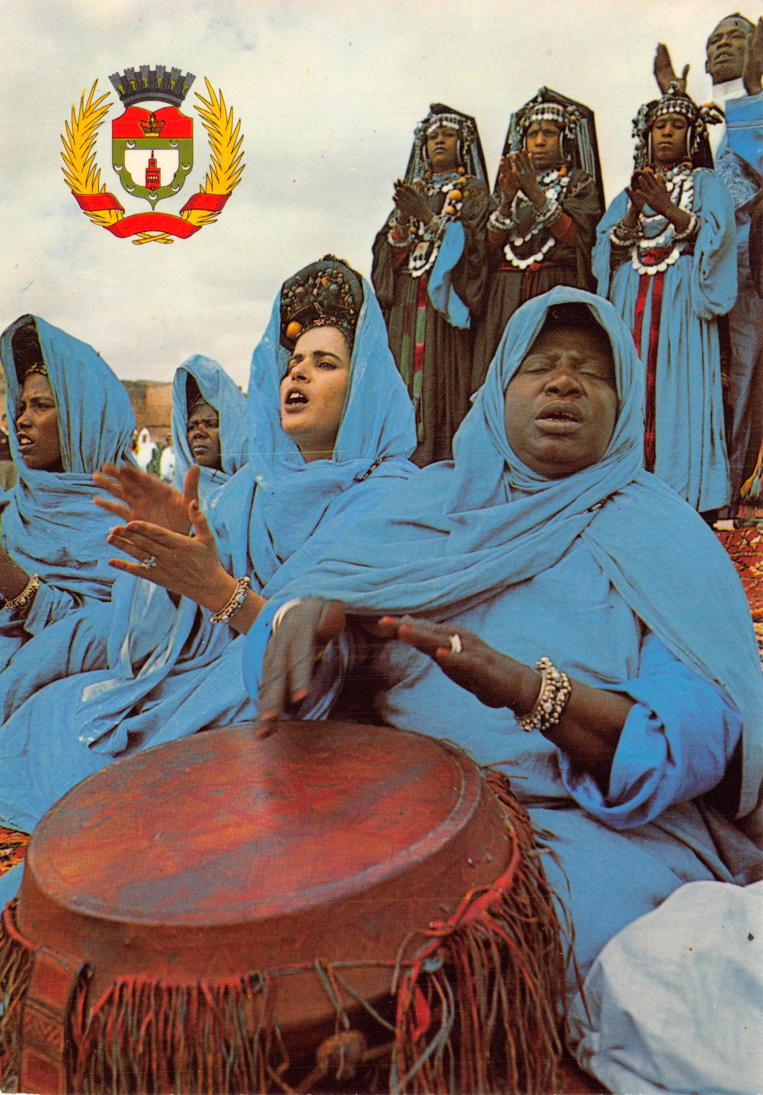 Dance of the Guédra and Coats of Arms of the City of Marrakech — folk scene and municipal emblem — publisher JEFF