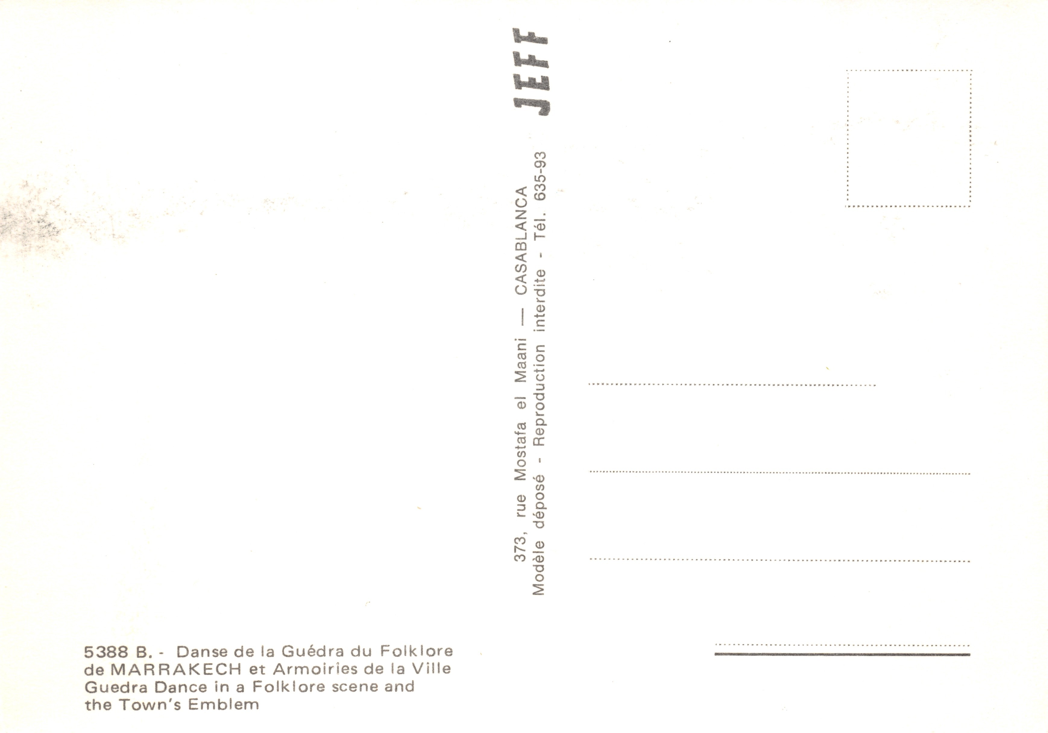 Dance of the Guédra and Coats of Arms of the City of Marrakech — folk scene and municipal emblem — publisher JEFF — Back