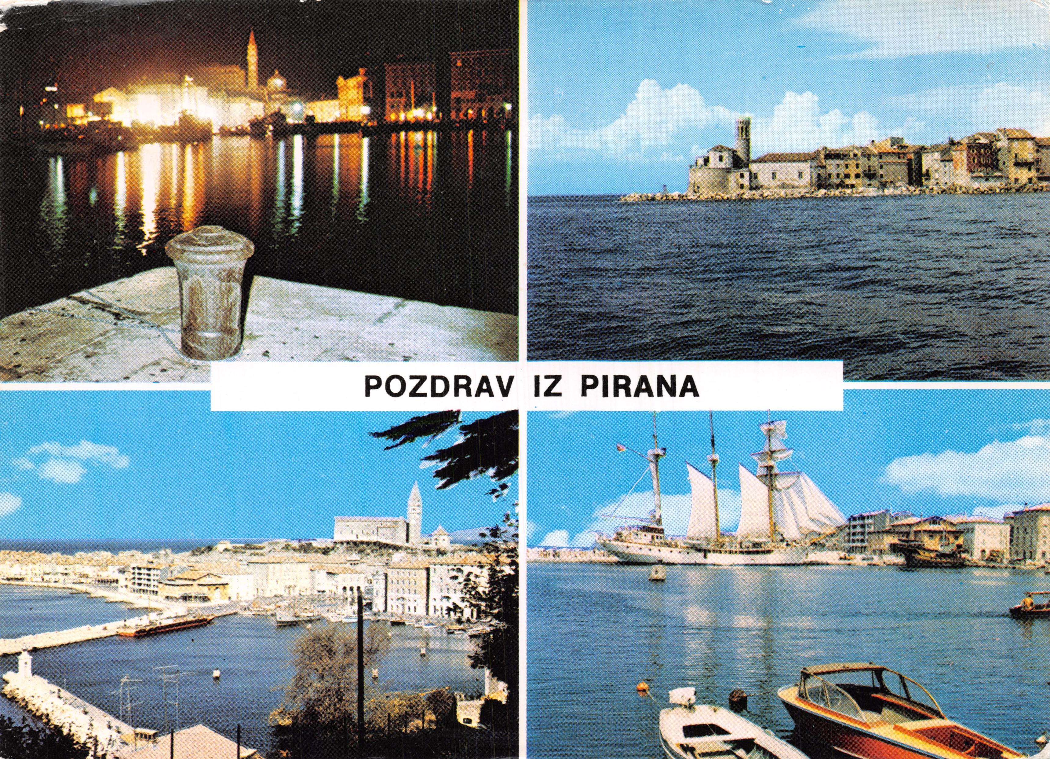 Piran — nacht- en dagbeeld van de haven — uitgever TRAVNIK