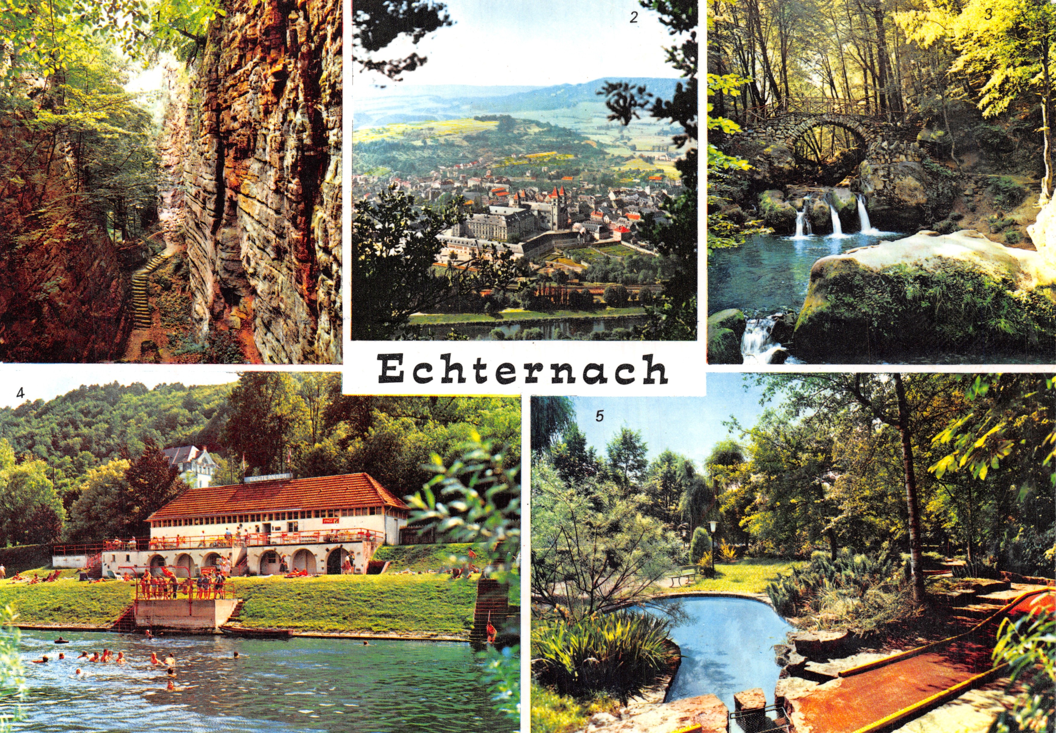 Echternach — panoramisch uitzicht, grot, brug, baden, park — uitgever Messagories Paul KRAUS, nr. 268