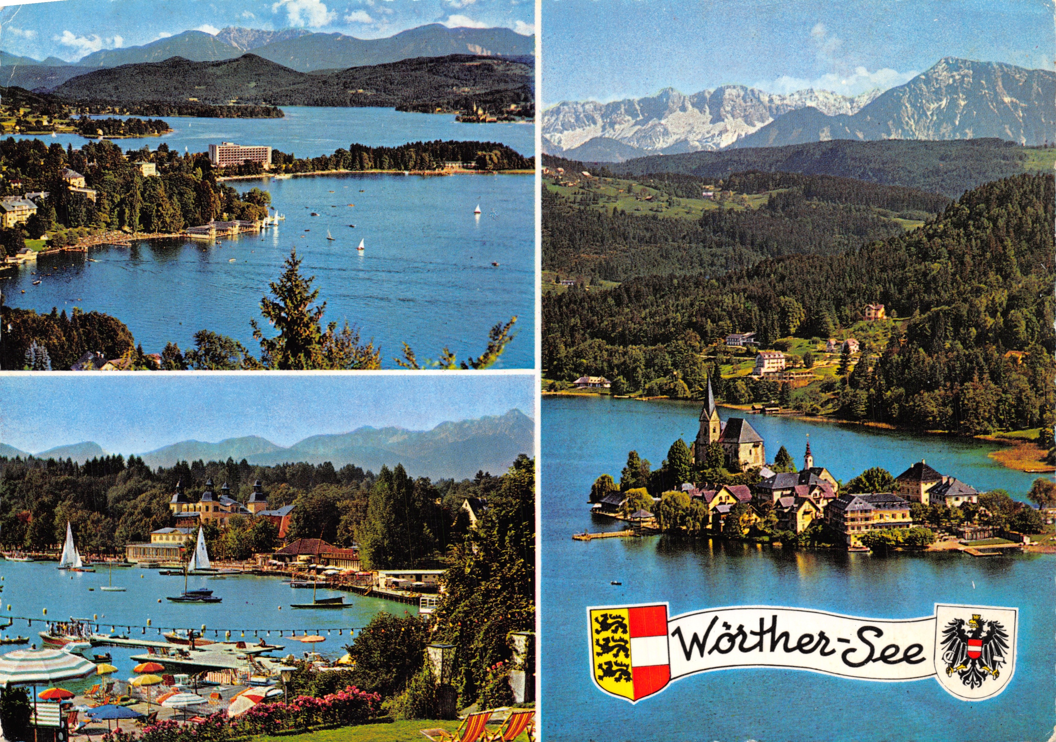 Wörther Sea — panoramic view of the lake with mountains and village — publisher Portschach, no. 92
