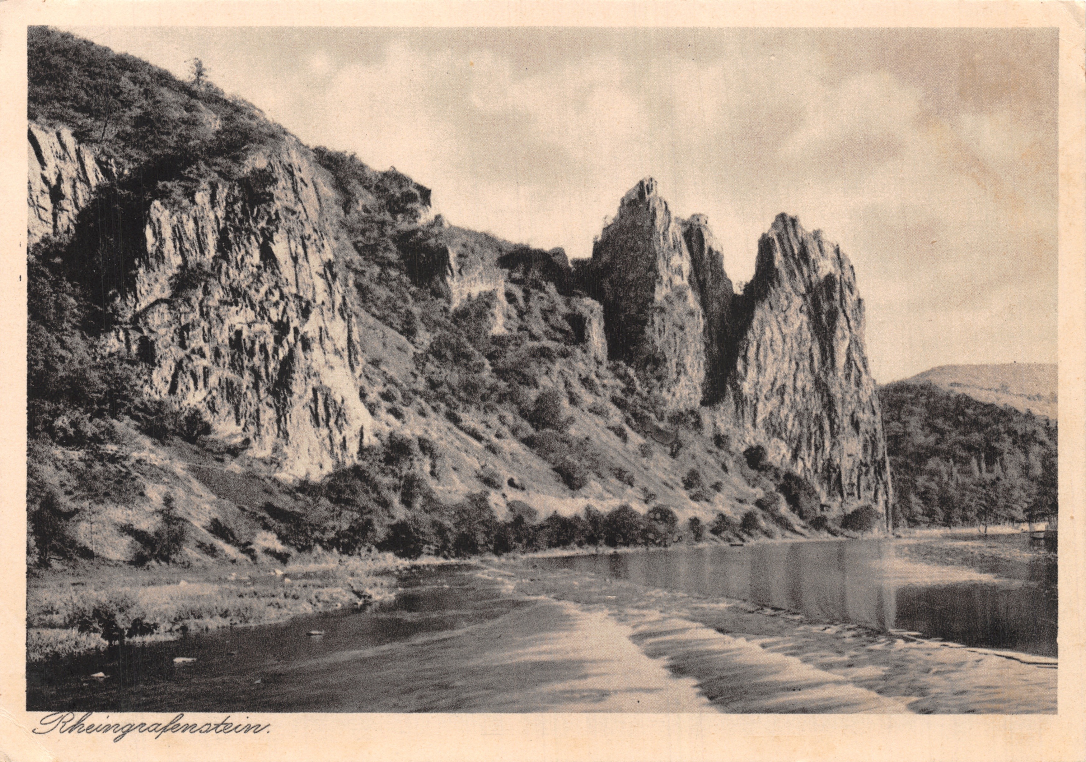 Rheingrafensteine — acantilados rocosos junto al Rin — editor Ph. Does & Söhne, Kreuznach, n.º K 14