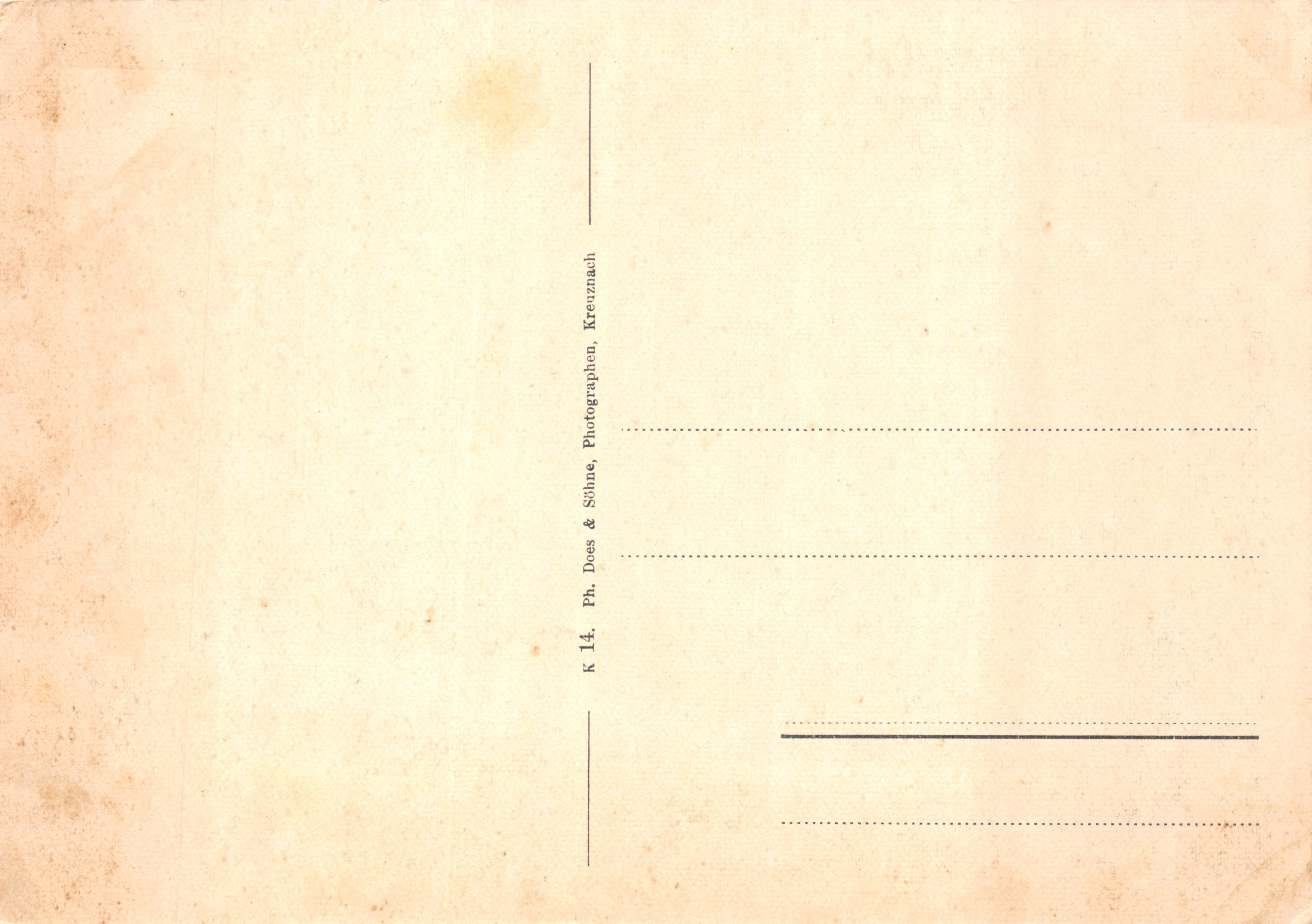Rheingrafensteine — acantilados rocosos junto al Rin — editor Ph. Does & Söhne, Kreuznach, n.º K 14 — Reverso