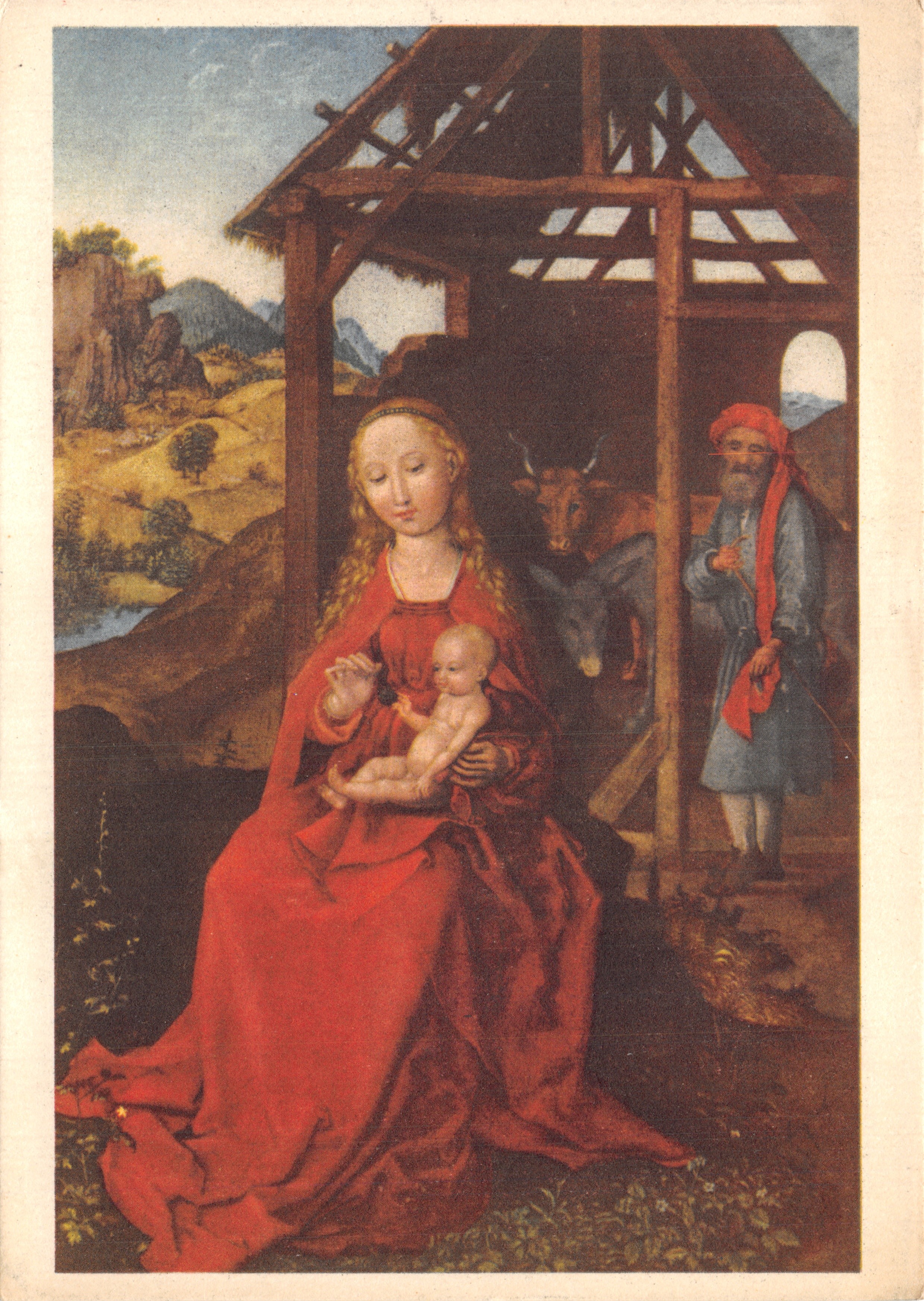 Schongäuer — Christusgeboorte — reproduktie van een schilderij van de Maagd met het Kind in een stal, uitgever onzichtbaar